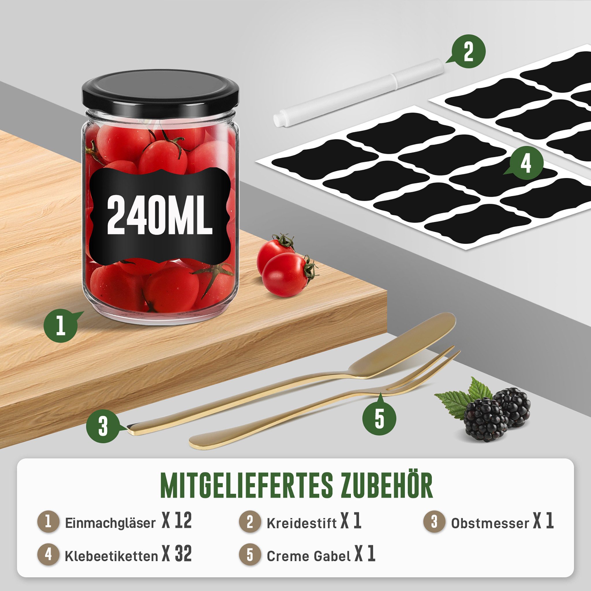 FIVMEN Einmachglas Marmeladengläser mit Deckel Einmachgläser Marmelade Marmeladenglas, (12/24er Set), für selbstgemachte Marmelade, Konfitüre und Bastelarbeiten 240/350 ml