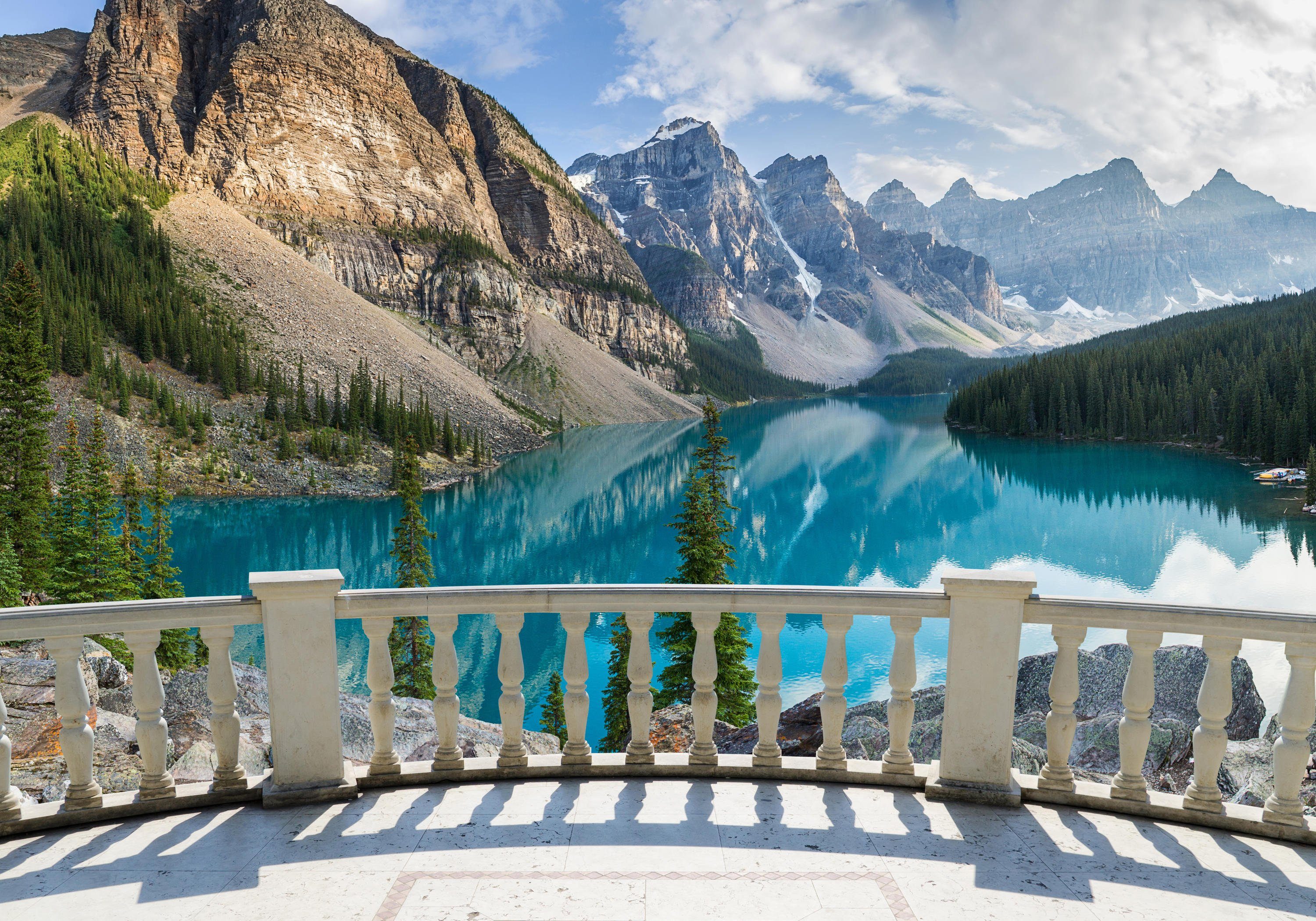 matt, - Blick Fototapete Balkon wandmotiv24 Mountains Kanada, Vliestapete glatt, Rocky vom Wandtapete, Motivtapete,