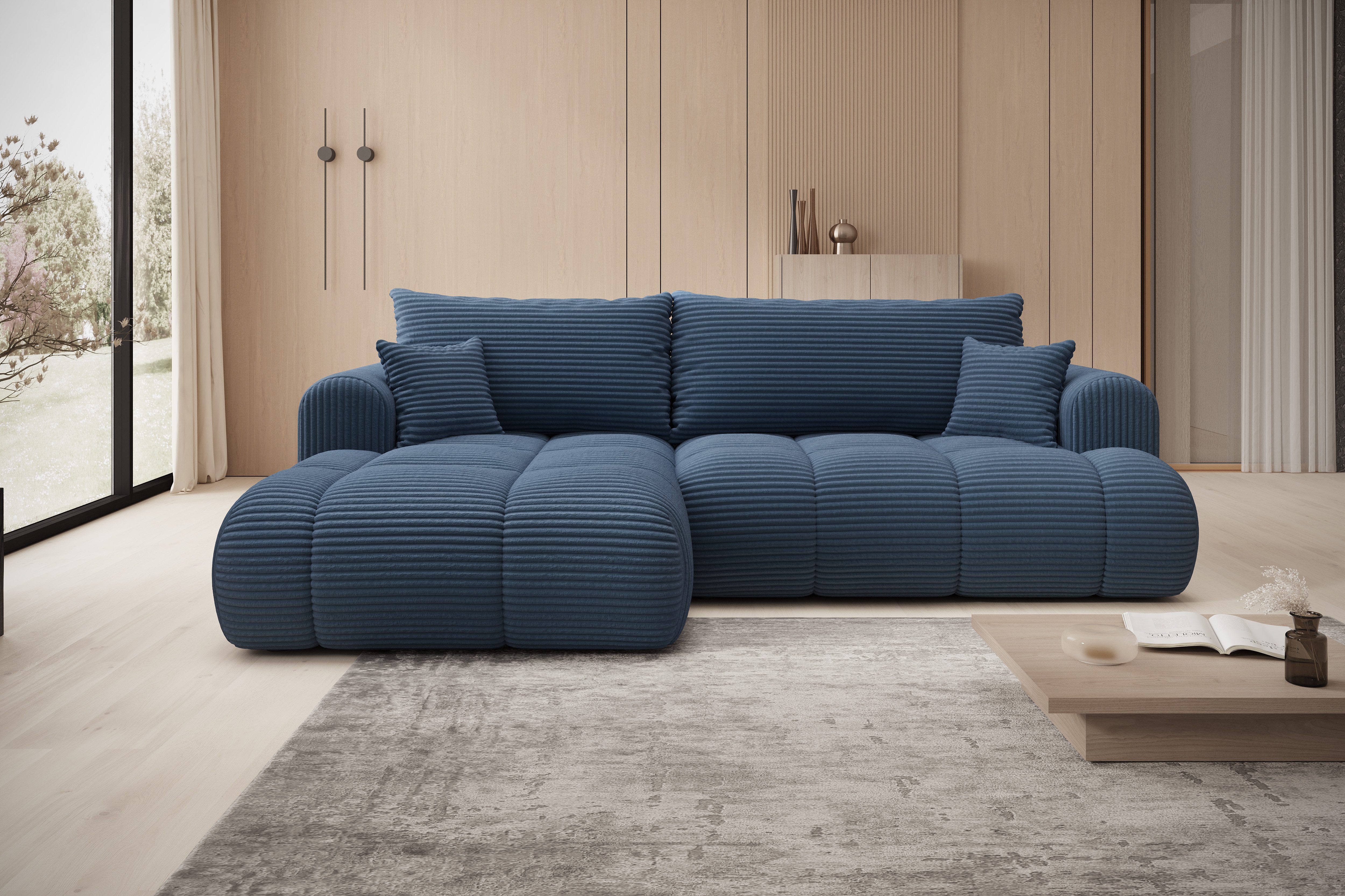 thematys Ecksofa mit Schlaffunktion und Bettkasten, L-Form, Cord und Bouclé + 2 Kissen, 260 x 165cm - Luxus Couch mit Bettfunktion mit Bonnellfedern
