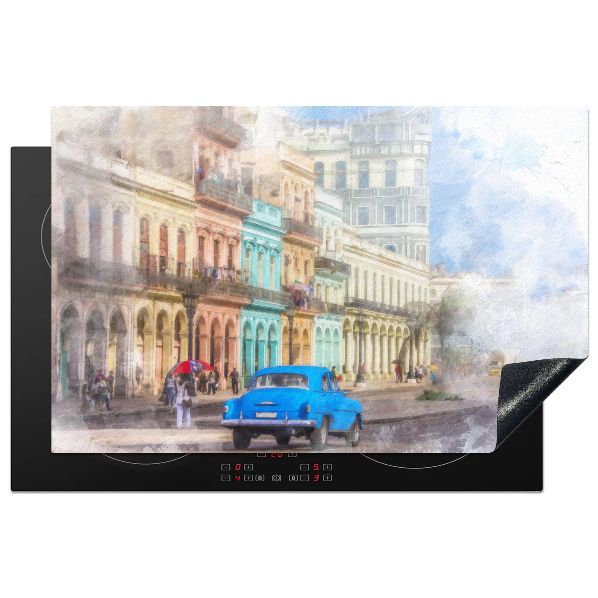 MuchoWow Herdblende-/Abdeckplatte Ein blauer kubanischer Oldtimer in der Innenstadt von Havanna, Vinyl, (1 tlg), 81x52 cm, Induktionskochfeld Schutz für die küche, Ceranfeldabdeckung