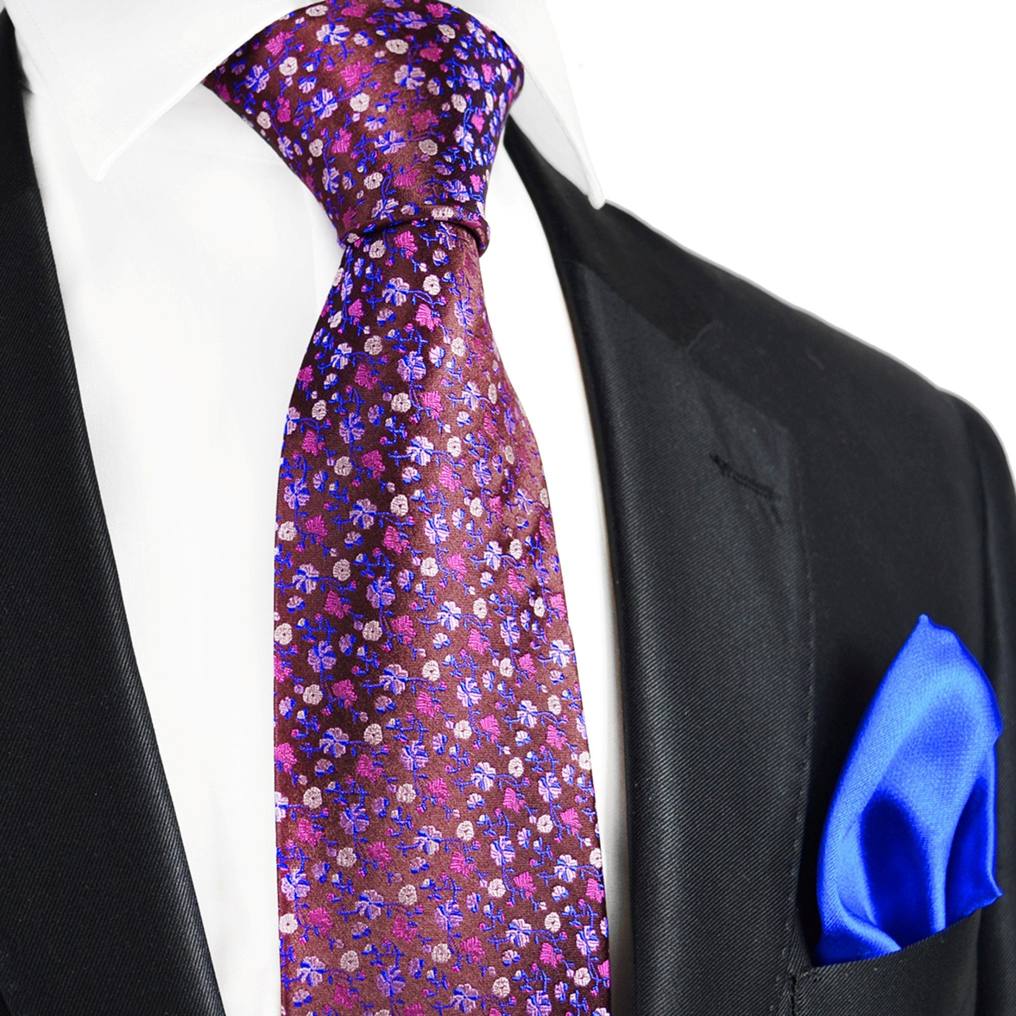 Paul Malone Krawatte 7-Fold mit S14788-24 Schlips 2-St., Seidenkrawatte (Set, elegant geblümt mauve modern pink Seide 100% Einstecktuch)