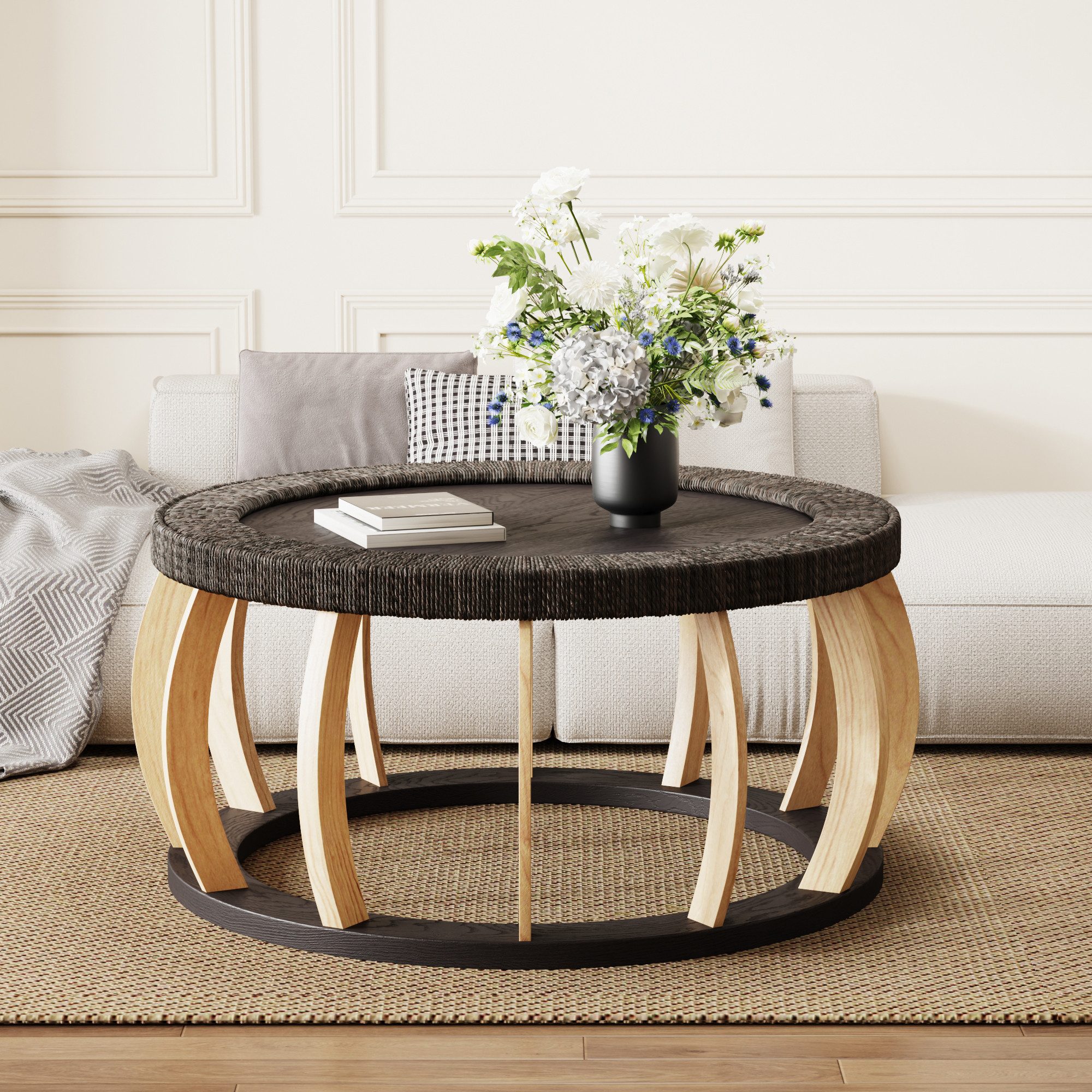 Celya Couchtisch Runder Couchtisch aus Massivholz mit geschwungenen Beinen Rund 90 cm (Rattan Wohnzimmertisch,im Bohème-Stil,50 kg Tragfähigkeit), Beistelltisch für Wohnzimmer, Esszimmer und Küche,Schwarz