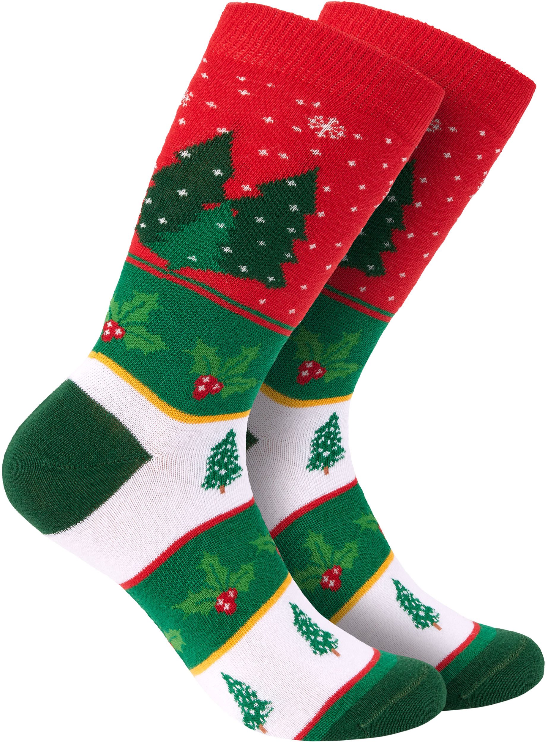 BRUBAKER Socken Weihnachtssocken für Damen und Herren - Weihnachtsbaum Muster Rot/Grün (Weihnachtsmotiv, 3-Paar, Lustige Freizeitsocken) Baumwolle Socken Weihnachten - Unisex Baumwollsocken