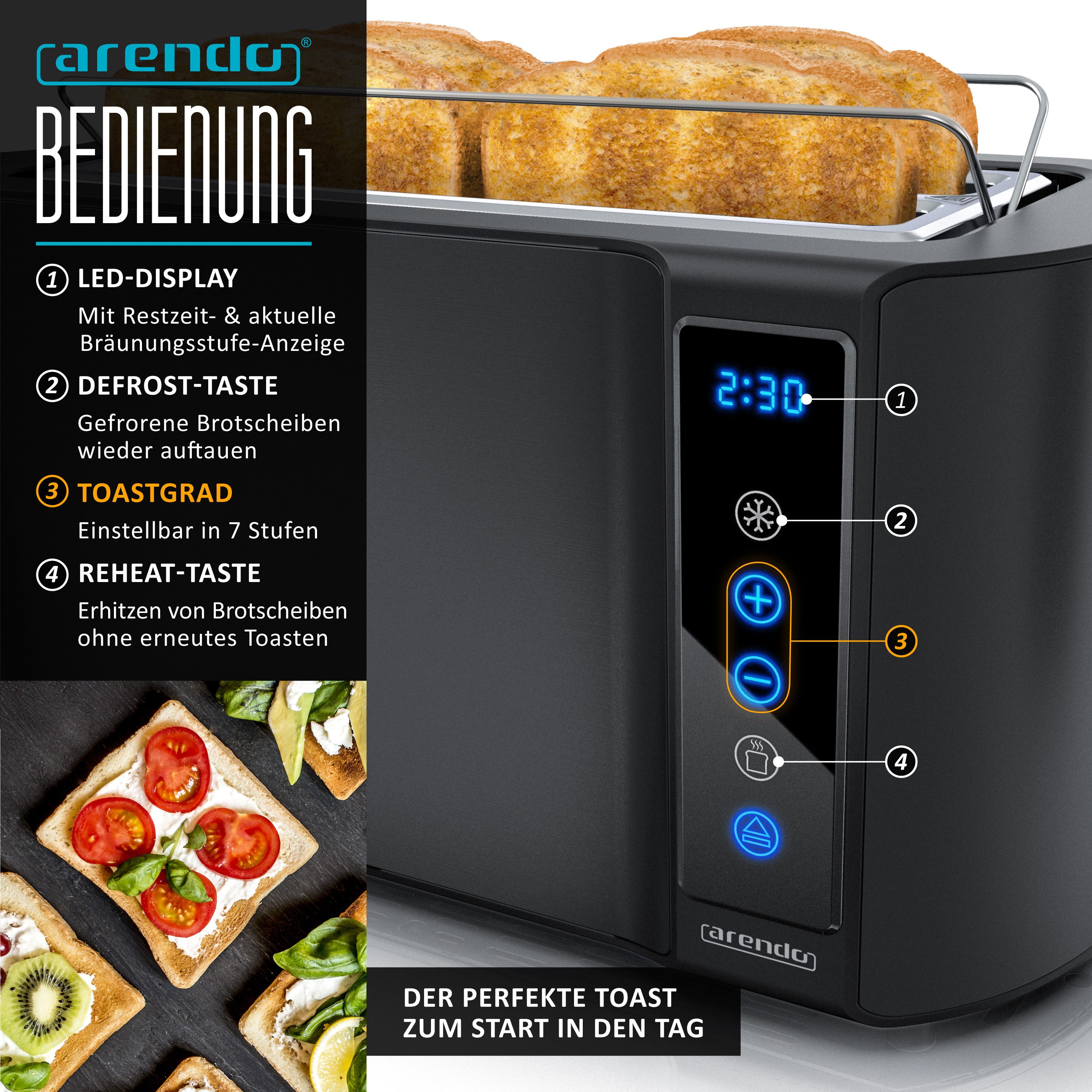 Arendo Frühstücks-Set Edelstahl Wasserkocher 1,5l, 4-Scheiben Langschlitz Toaster, Cool Grey (2-tlg), Wasserkocher mit Temperatureinstellung, Toaster Brötchenau – Bild 5 von 5