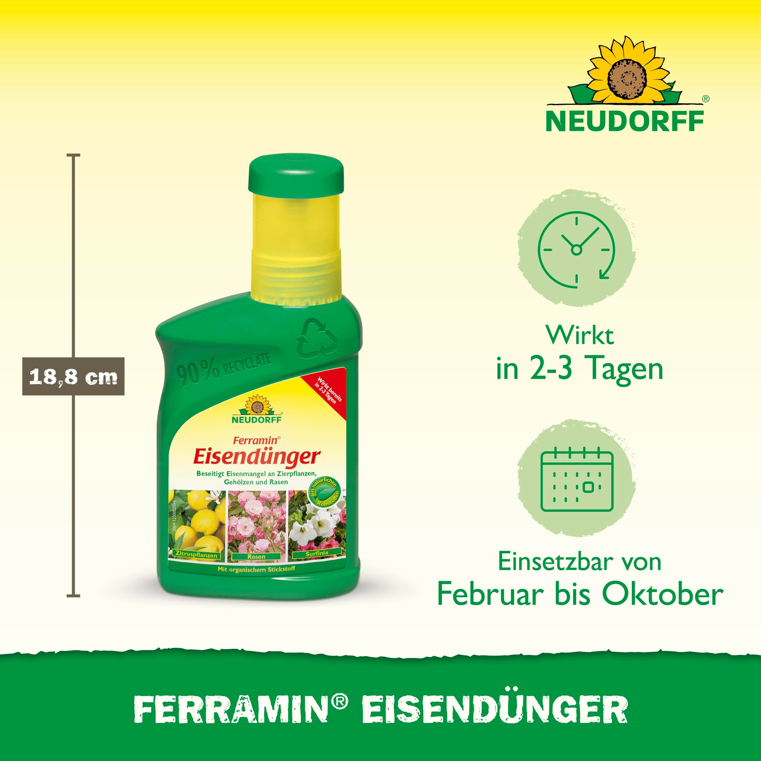 Neudorff Eisendünger Ferramin Eisendünger 250 ml, Vor Gebrauch gut schütteln und nur verdünnt anwenden., für kräftig-grüne Blätter und Rasengräser, mit organischem Stickstoff