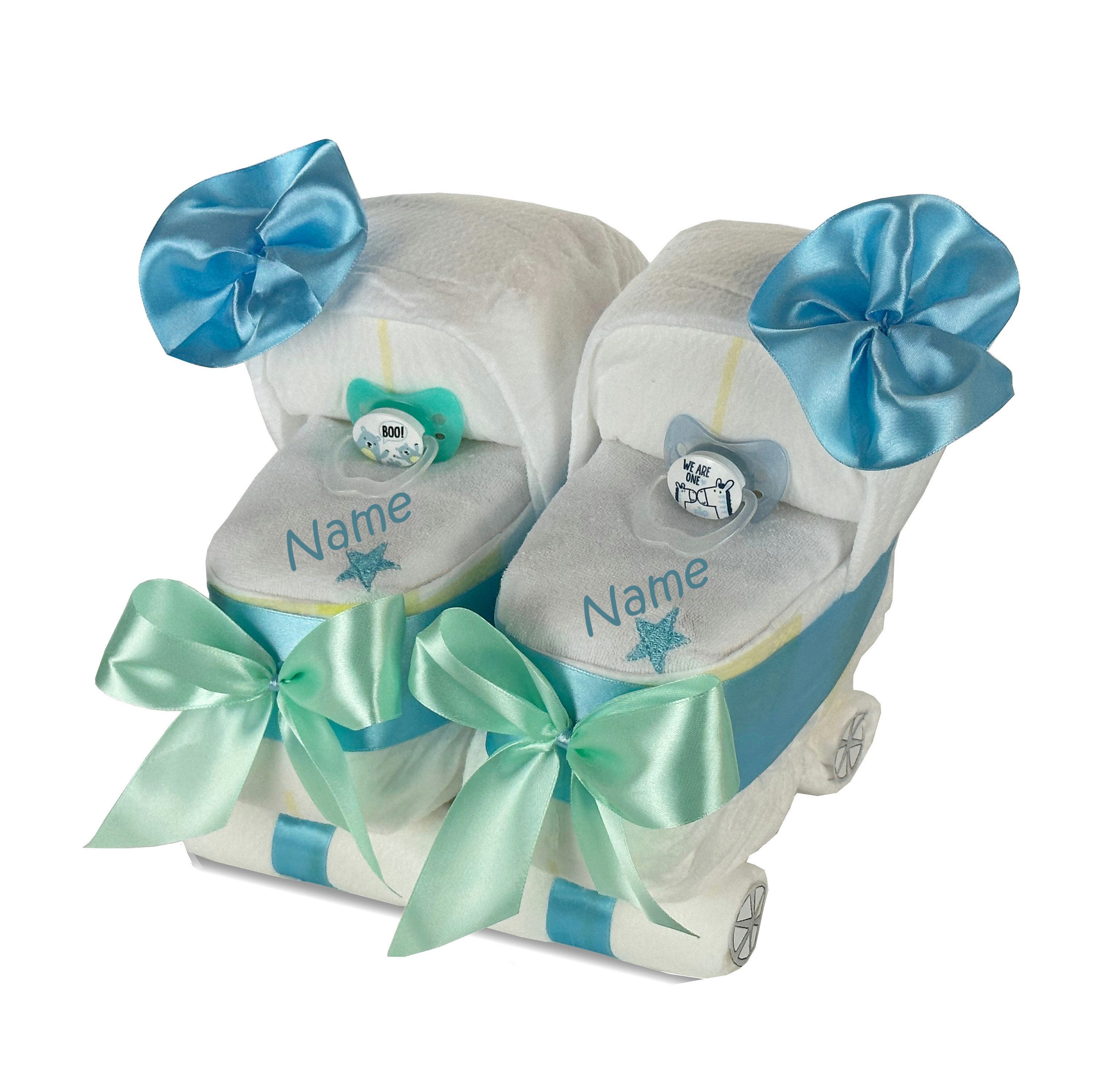 Neugeborenen-Geschenkset Windeltorte Zwillinge Kinderwagen, Zwillingswagen, Personalisiert