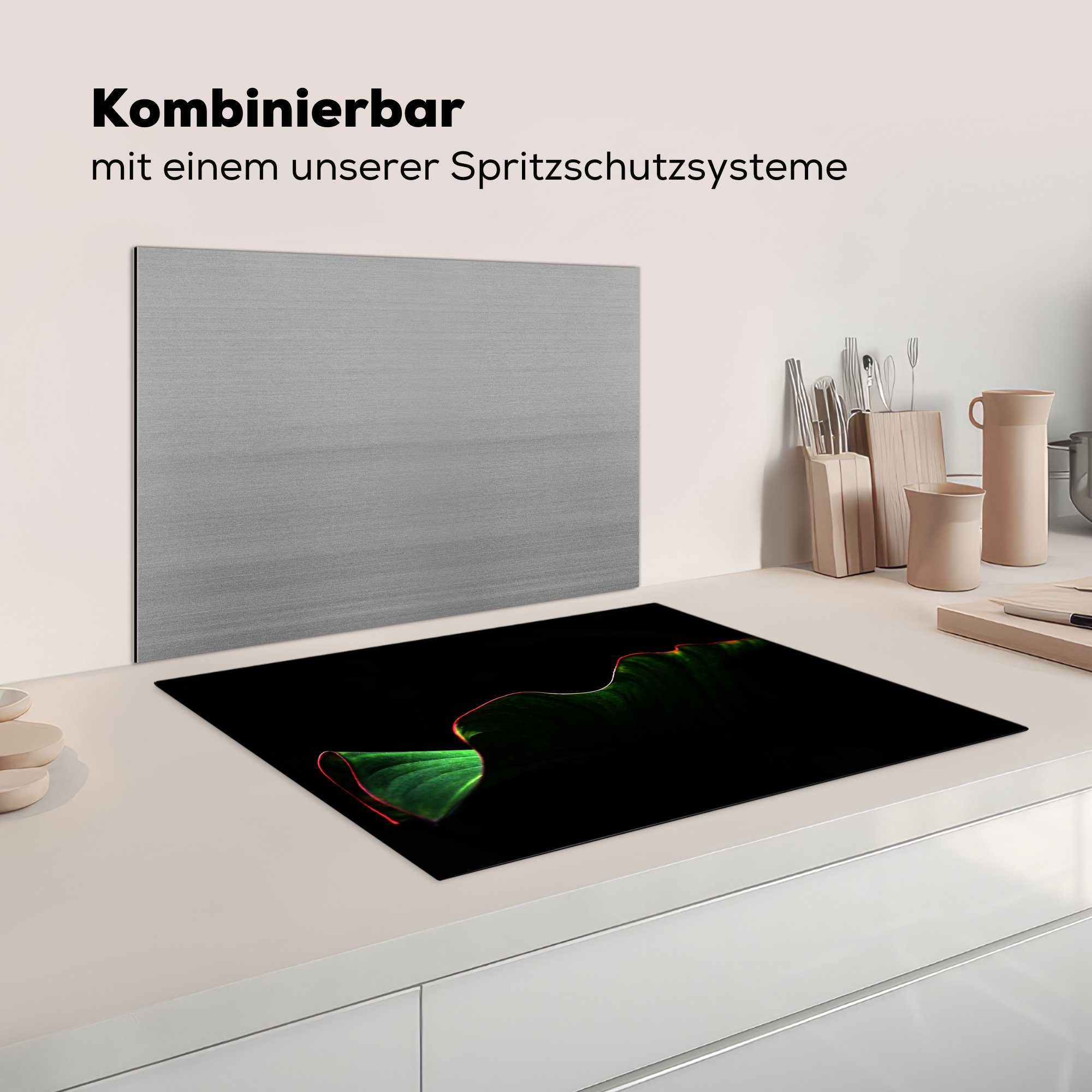 Rändern die küche, Induktionskochfeld Hintergrund, schwarzem für roten Vinyl, Blatt tropisches Herdblende-/Abdeckplatte mit MuchoWow (1 Ceranfeldabdeckung Ein Schutz cm, auf 71x52 tlg),