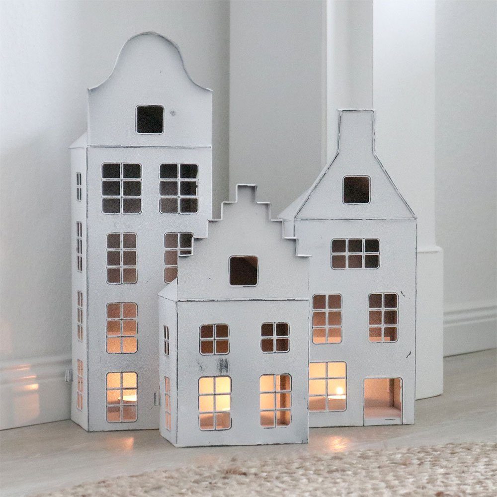 beleuchtet Dekohaus Teelichthalter Laterne Metallhaus Grafelstein shabby chic weiß MAISON H33cm