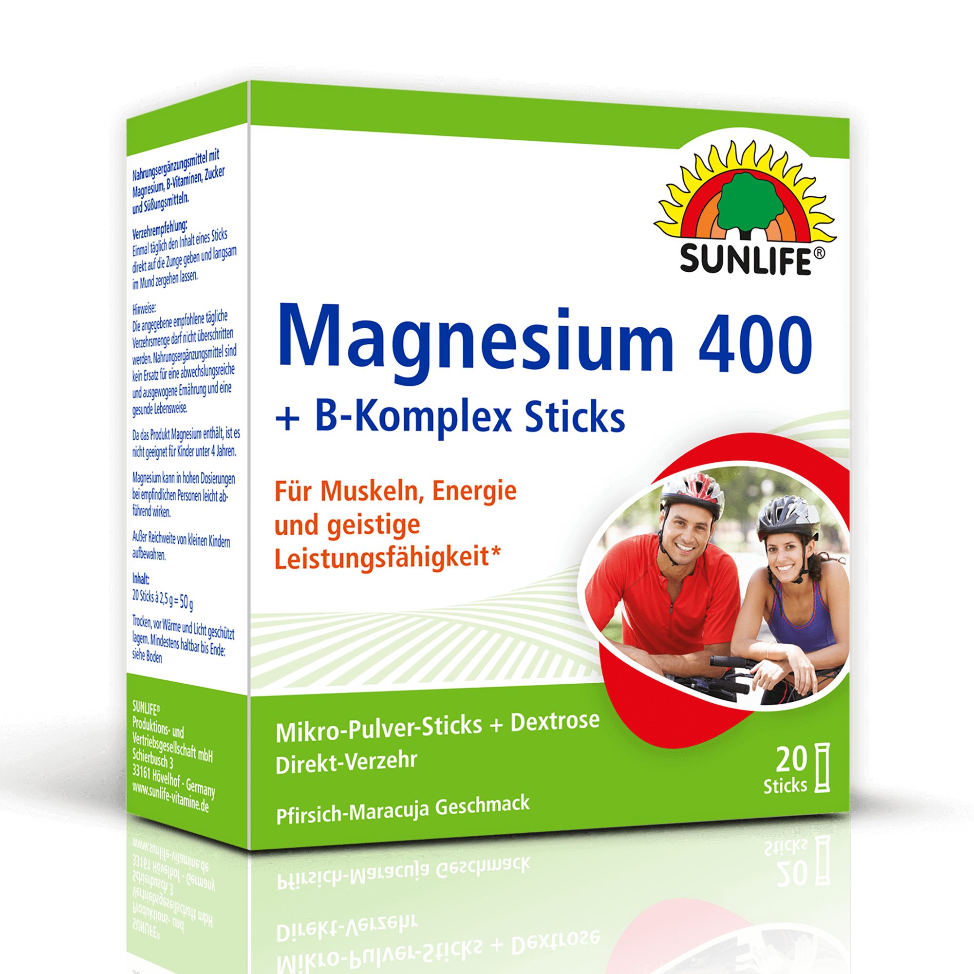 SUNLIFE SUNLIFE® Magnesium 400 B-Komplex Sticks Pfirsich-Maracuja Muskeln 1 x täglich den Inhalt eines Sticks direkt auf die Zunge geben und langsam im Mund zergehen lassen
