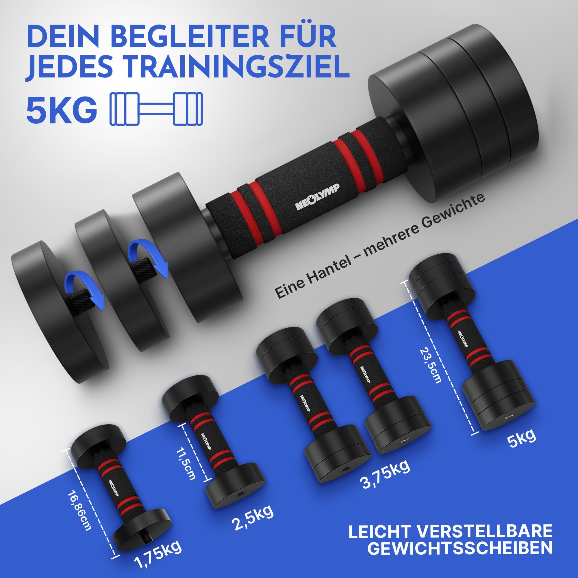 NEOLYMP Kurzhantel 2er Set verstellbare Kurzhanteln 1,75 - 10 kg – verstellbare Hanteln, (Kurzhanteln aus massivem Stahl mit rutschfestem Schaumstoffgriff)