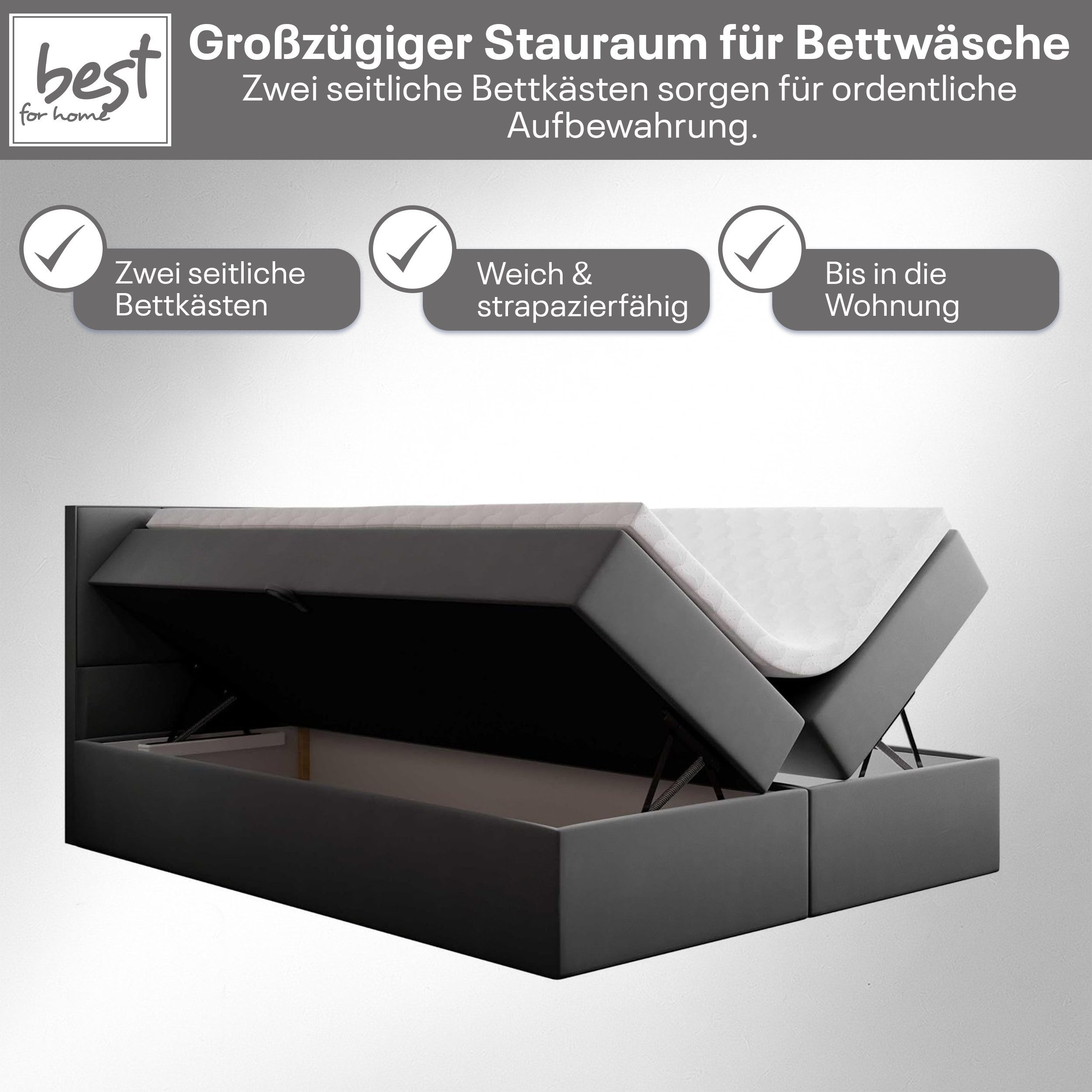 Best for Home Boxspringbett Boxspring bett mit Bonellfederkern&Komfort-Topper und Stauraum (1-teilig, 4-St., 140x200 160x200 180x200 200x200), Handwerksqualität, TOP Preis-Leistungs-Verhältnis