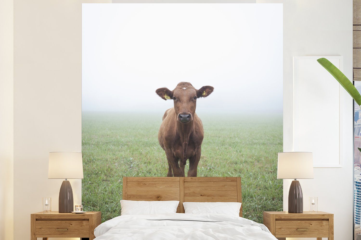 Schlafzimmer bedruckt, Küche, Vliestapete Nebel Matt, - für Fototapete Fototapete Wohnzimmer MuchoWow (3 - Kuh Gras, St),