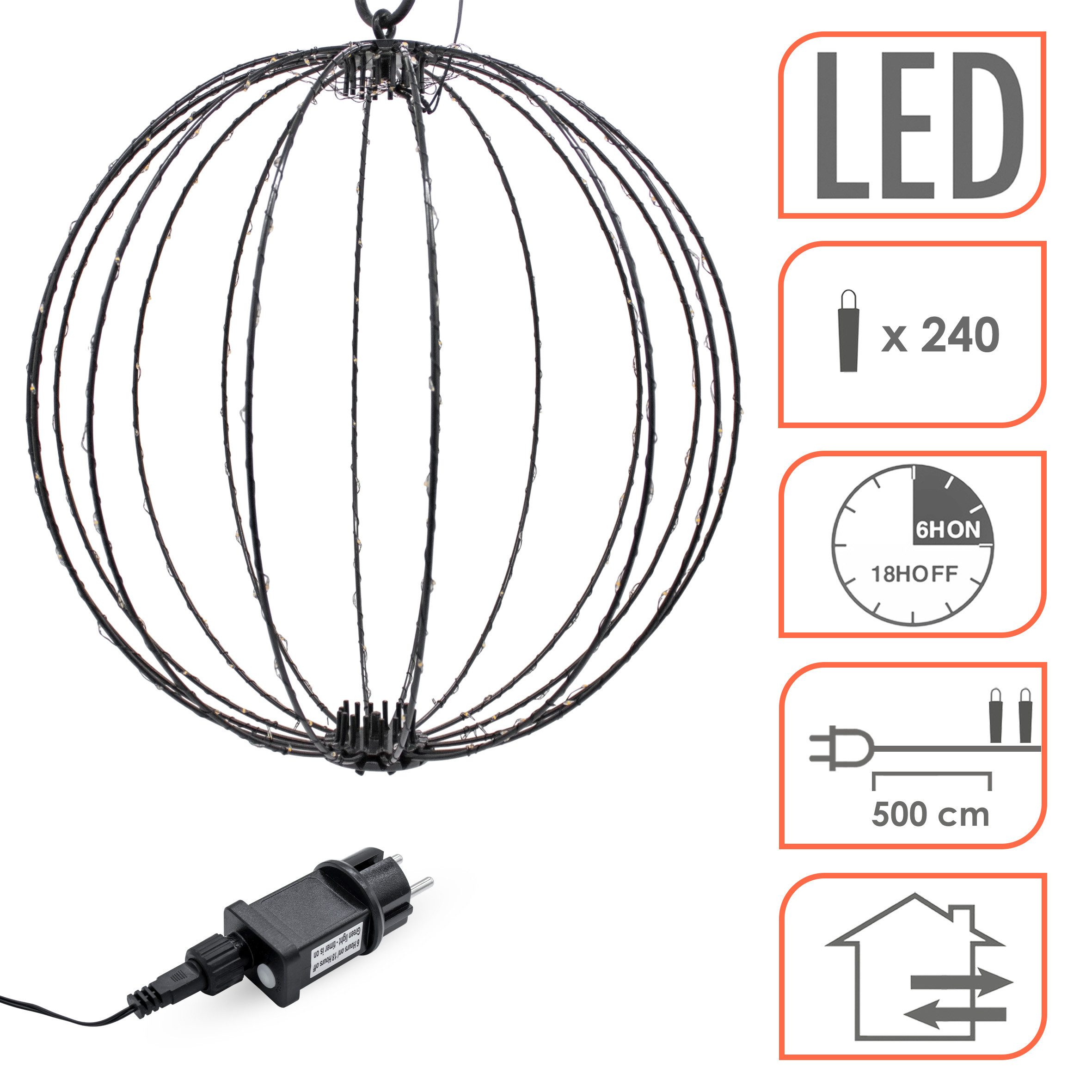 Spetebo LED Kugelleuchte zum hängen für Außen mit Netzstecker, Dekoleuchte, LED fest integriert, extra warm weiß, mit Timer