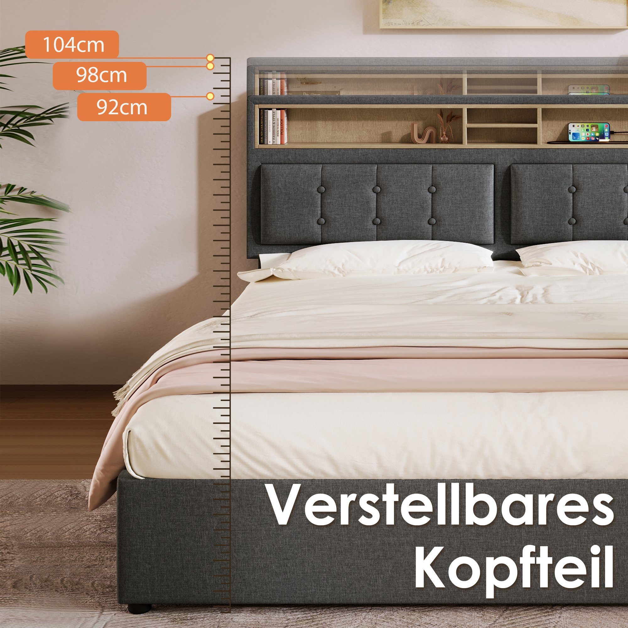 Polsterbett (Doppelbett mit Lattenrost und 4 Schubladen), Stauraumbett 160x200cm mit USB Typ C Ladefunktion Kopfteil, Leinen