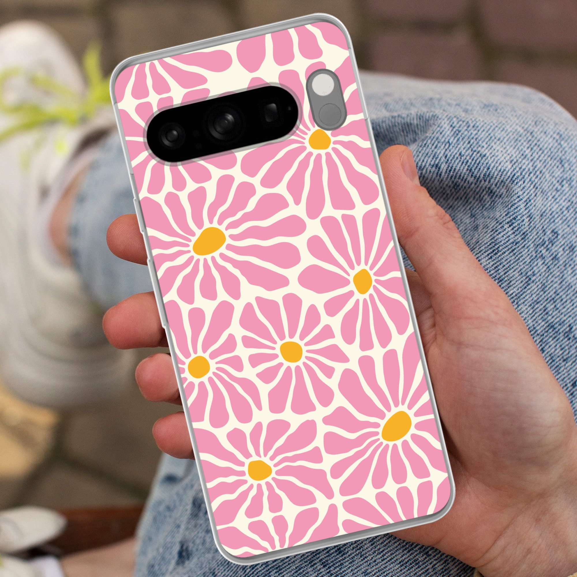 MuchoWow Handyhülle für Google Pixel 8 Pro Blumen - Muster - Rosa - Beige - Orange, Phone Case, Silikon, Schutzhülle Dünn