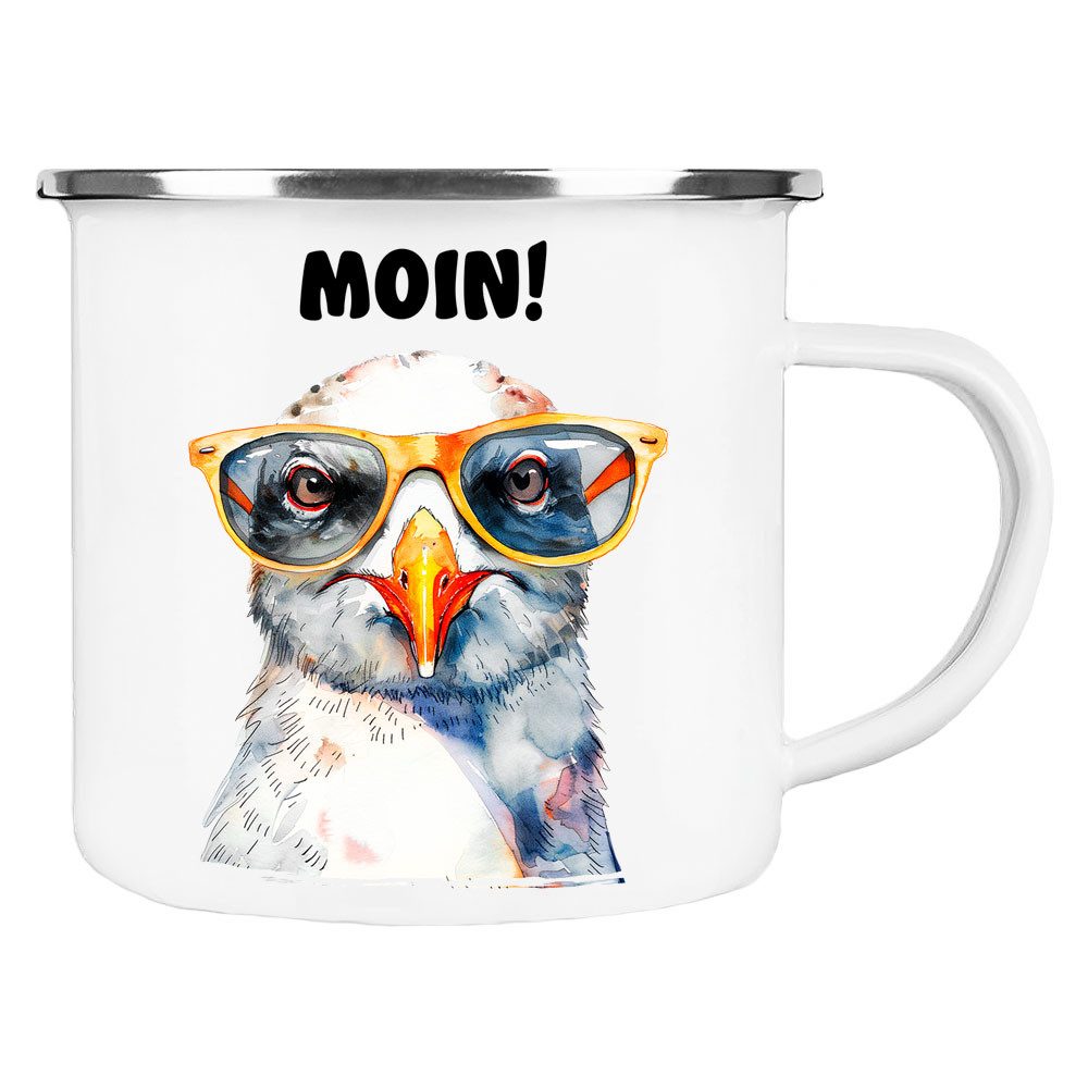 Cadouri Tasse MOIN! Camping Emaille Tasse, Campingtasse, Nordsee, Metall, Campingbecher, Kaffeetasse für Camper, handgefertigt, Geschenk, 300 ml
