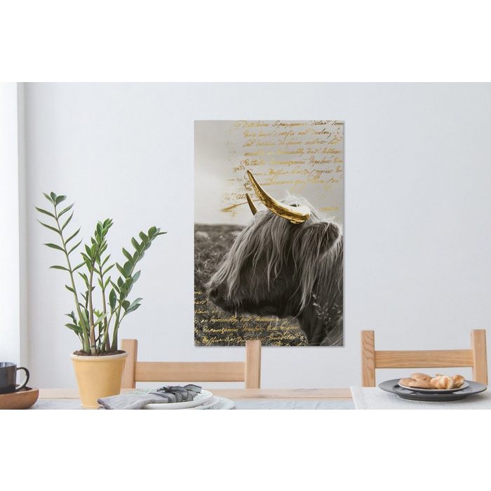 OneMillionCanvasses® Leinwandbild Schottischer Highlander - Gold - Text (1 St) Leinwand Bilder für Wohnzimmer Schlafzimmer
