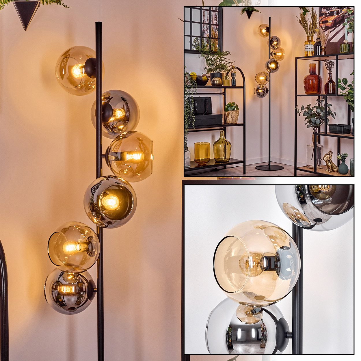 Stehlampe Stehlampe aus Metall/Glas in Schwarz/Rauch/Bernstein, Retro-Design