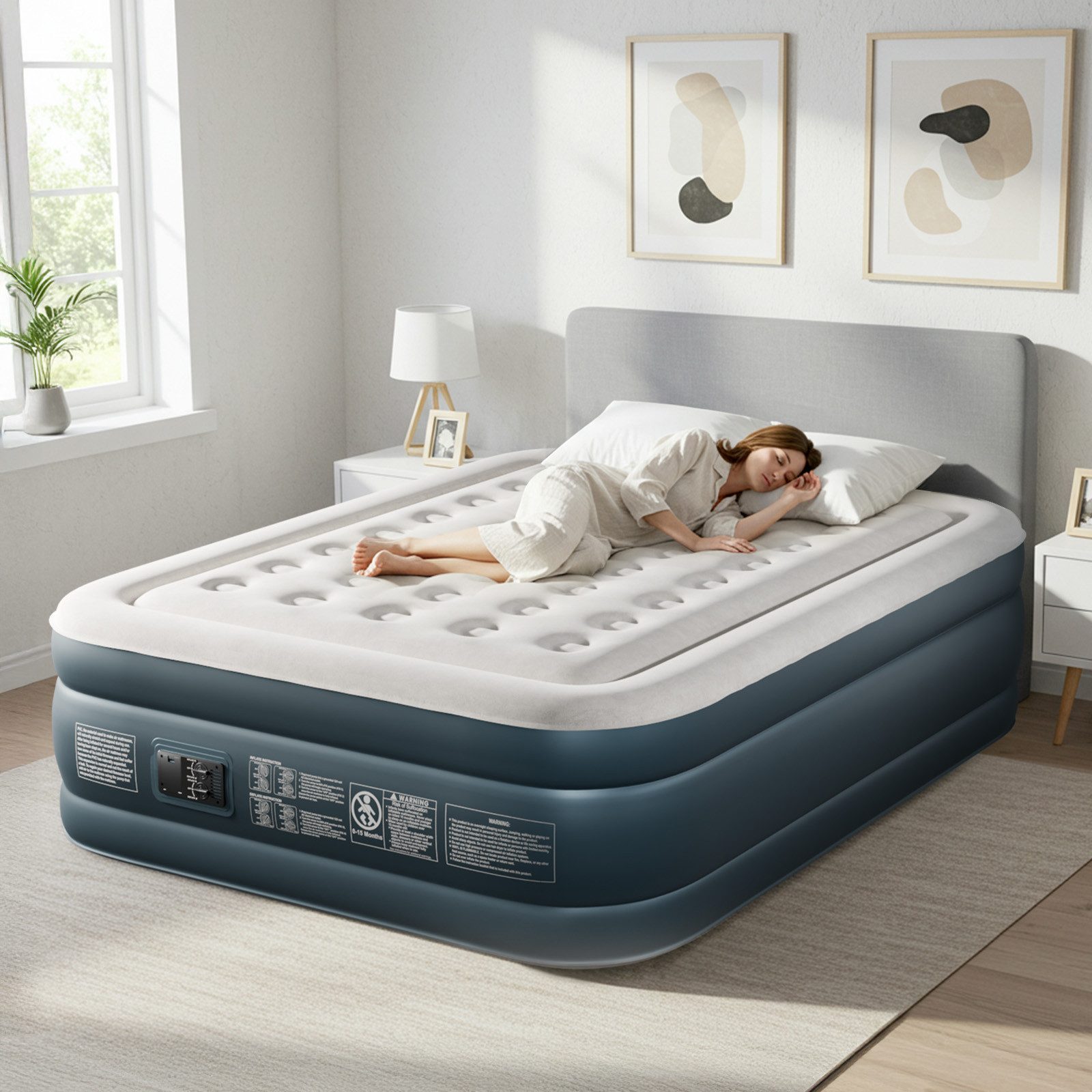 LEADZM Luftmatratze mit Integrierter elektrischer Pumpe,Doppelbett,Beflockte Oberfläche, 362kg Tragkraft, Luftbett,für Camping Zuhause 203 x 153 x 45 cm