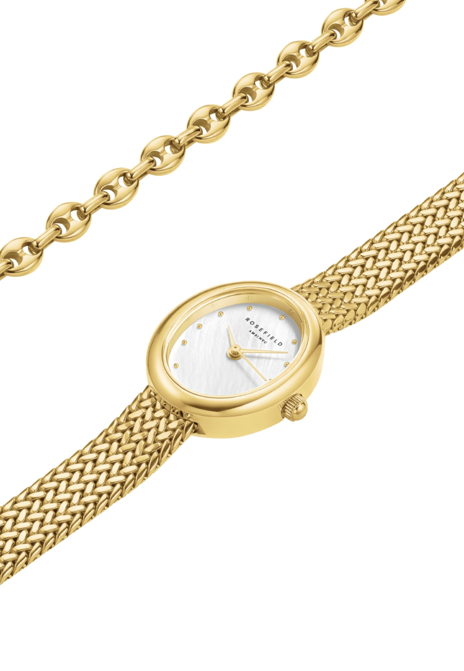 ROSEFIELD Quarzuhr ROSEFIELD Mini Oval + Kaffeebohnen-Armband Geschenkset für Damen