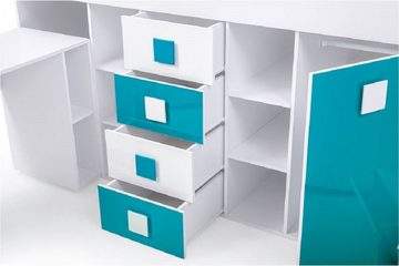 QMM TraumMöbel Hochbett TELLY 3 mit Treppe links (Bett mit Schrank, Schreibtisch, Schubladen, Regale, Treppe) ausziehbarer Schreibtisch mit weiteren Stauräumen