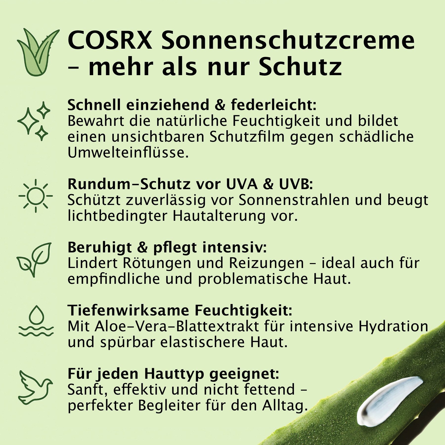 Cosrx Sonnenschutzcreme Soothing Sun Cream SPF 50+PA+++ Sonnenschutzpflege mit Aloe Vera, 1-tlg., Sonneschutzcreme, Sonneschutzpflege, SPF 50+