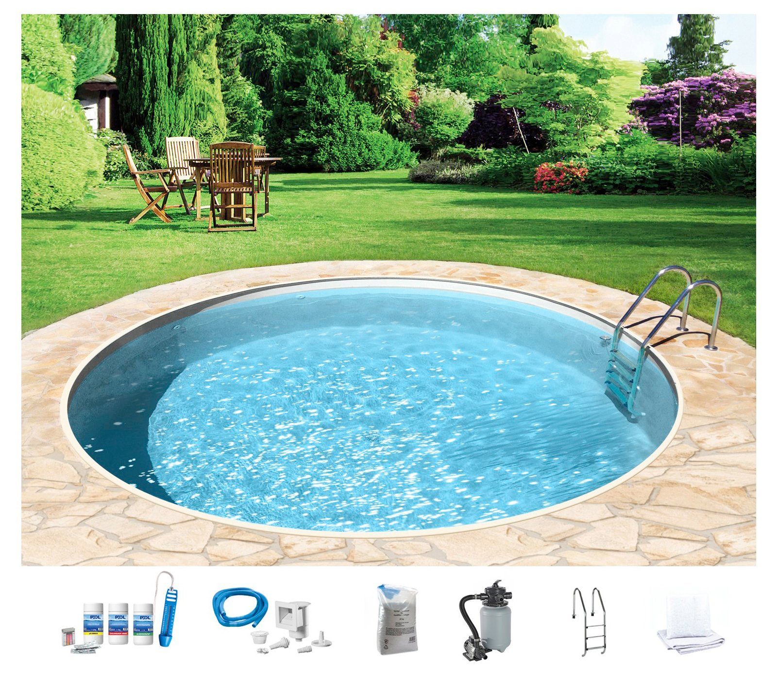 Rundpool mit sandfarbener Folie für den Karibik Look