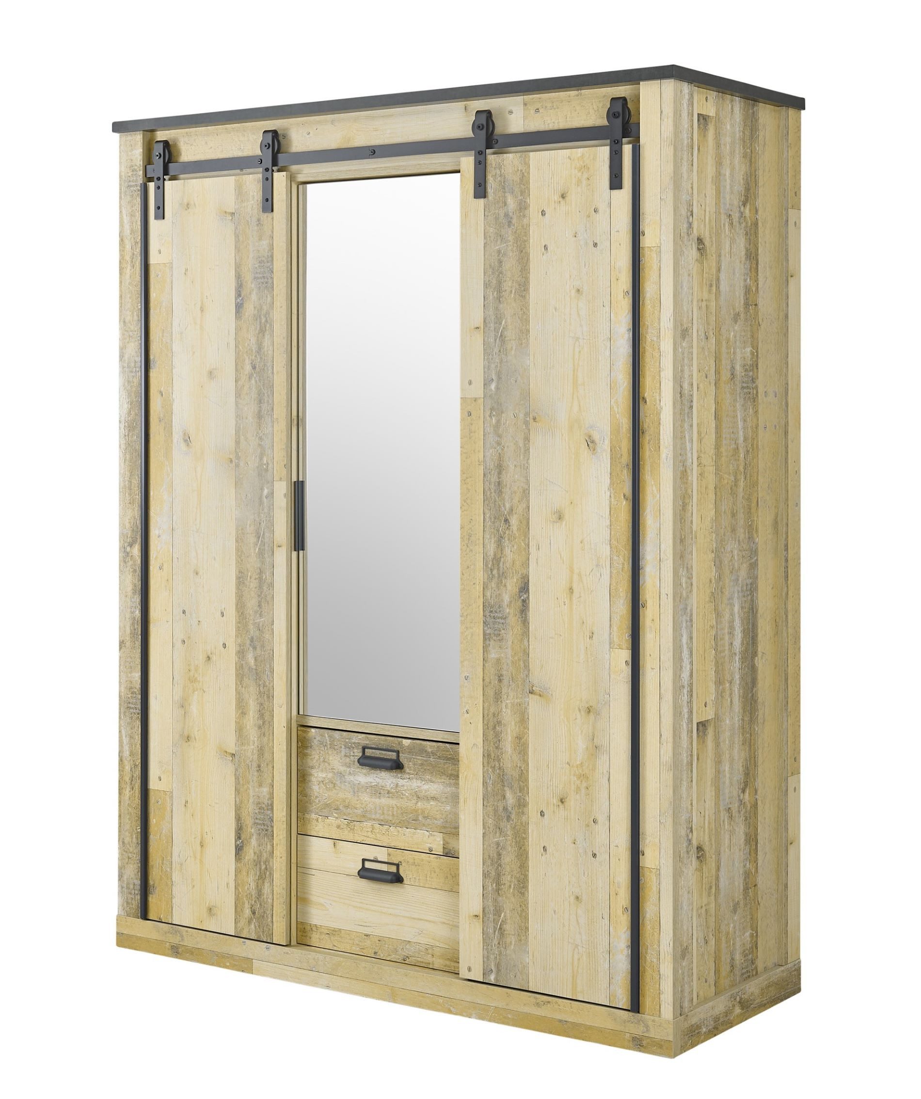 99rooms Schwebetürenschrank Woodsher (Kleiderschrank, Schrank) mit 3 Türen, 2 Schubladen, 6 Fächer, 5 Einlegeböden, 2 Kleiderstangen