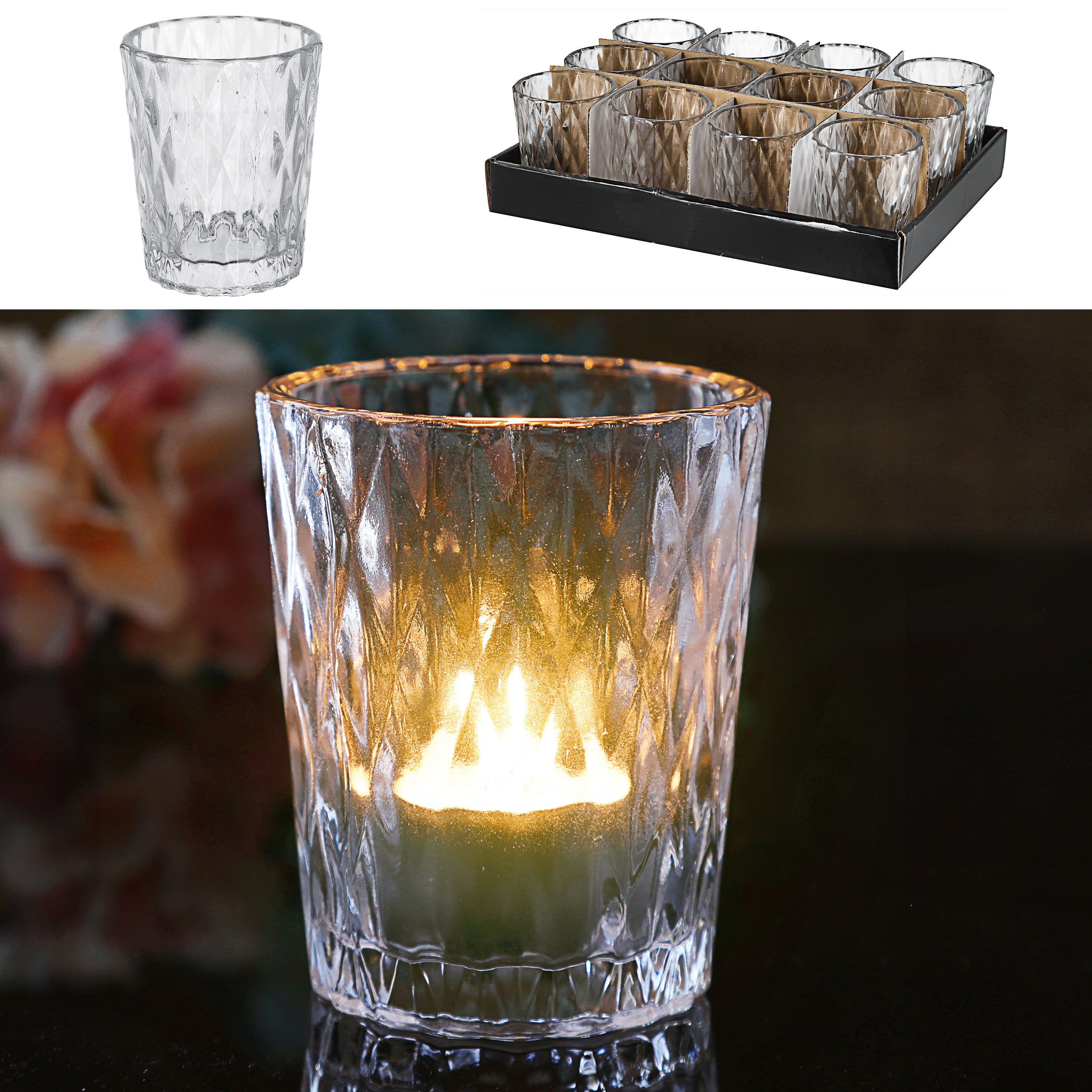 Teelichthalter Windlicht Teelichtglas 12er Set mit Prägung Ø9cm