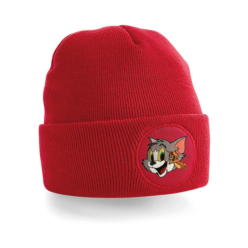 Blondie & Brownie Beanie Unisex Erwachsenen Mütze Tom Jerry Stick Patch Katze Maus Cartoon Rot