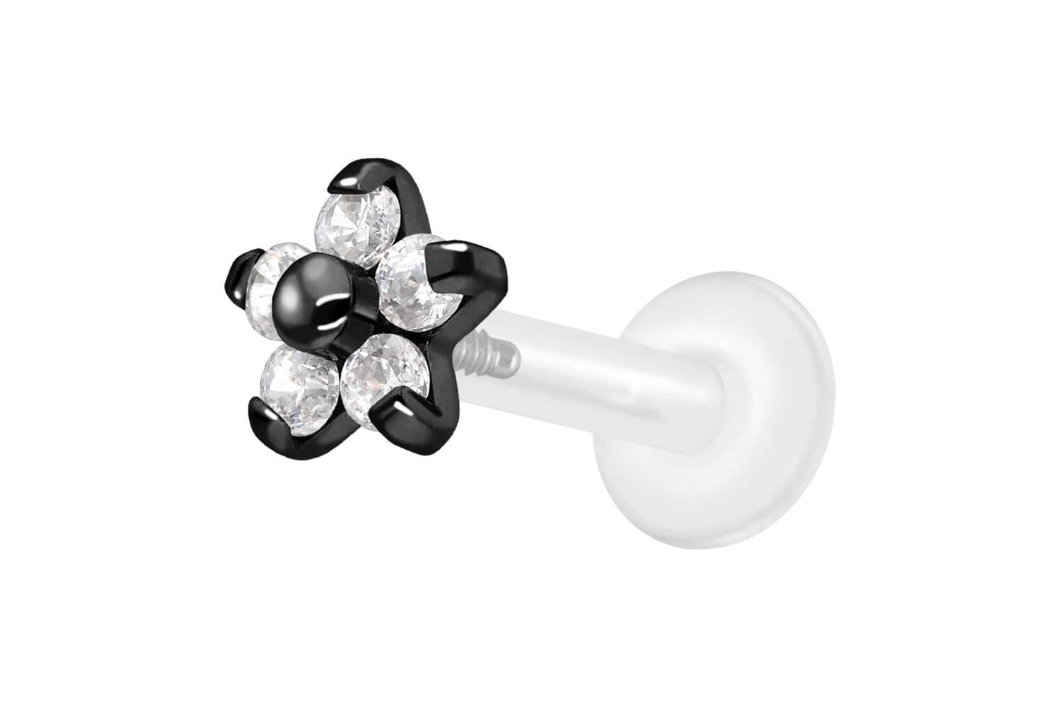 Piercing-Set PTFE Labret mit Innengewinde + Titan-Aufsatz BLUME MIT 5 KRISTALLEN