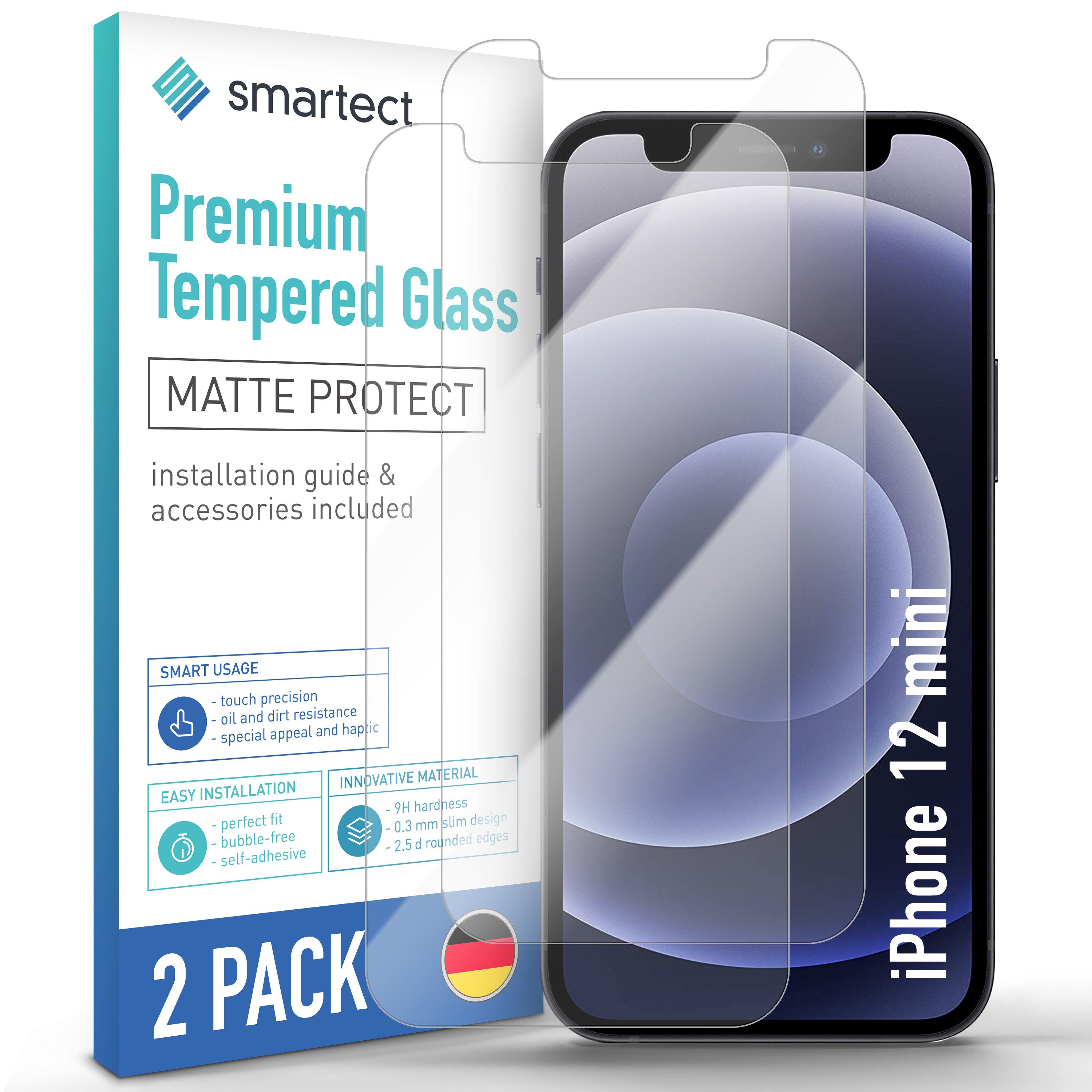 smartect Displayschutzglas 2X Schutzglas Panzerfolie Matt für iPhone 12 mini für Apple iPhone 12 mini, Set, 2 Stück, Entspiegelt, 9H Härte, Kratzfest, Stoßfest, Blasenfrei, Oleophob