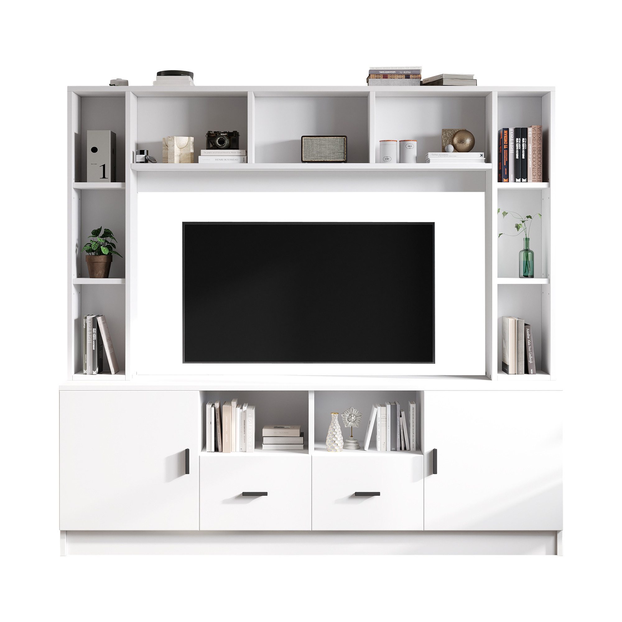 KLAM HOME Wohnwand Moderne Weiße Wohnwand Mit 2 Schränken Und 11 Fächern, (TV Board Mediawand Set Für Fernseher Bis 60 Zoll), Praktische Anbauwand Mit Vitrine U – Bild 2 von 5