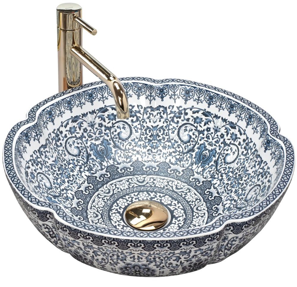 wohnwerk.idee Aufsatzwaschbecken Waschbecken Vintage Blau Ornamente Vivien