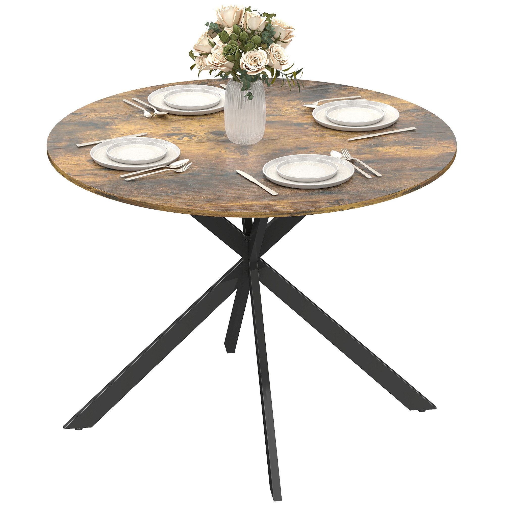 HOMCOM Esstisch Küchentisch im Industriestil mit Stahlbeinen für 4 Personen (für Esszimmer, Küche, Wohnzimmer, 1-St., rund, 100 x 100 x 75 cm), Rustikal-Braun – Bild 2 von 5