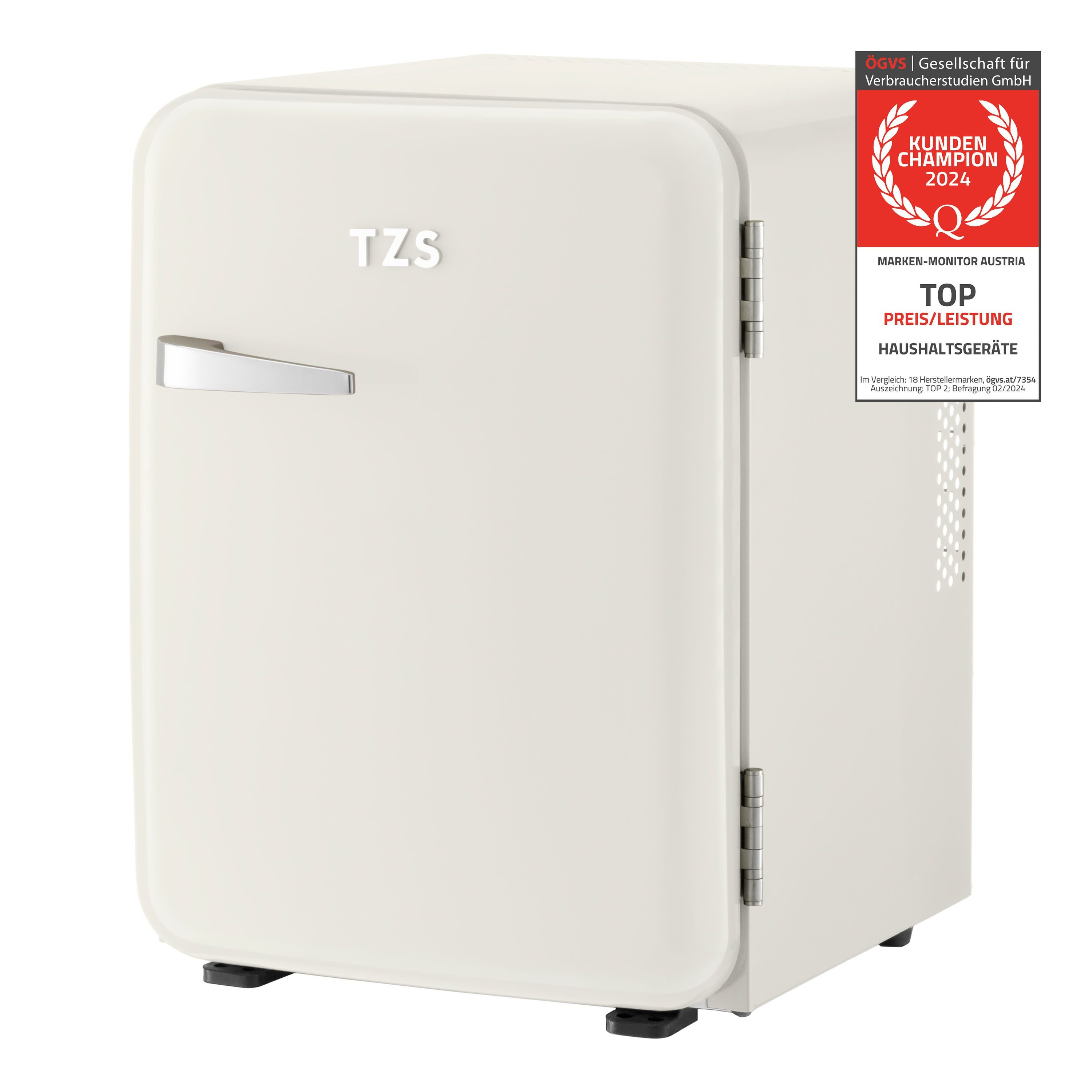 TZS FIRST AUSTRIA Table Top Kühlschrank FA-5172-3-CR, Mini Kühlschrank 40L, Minibar E lautlos, LED-Beleuchtung, Retro