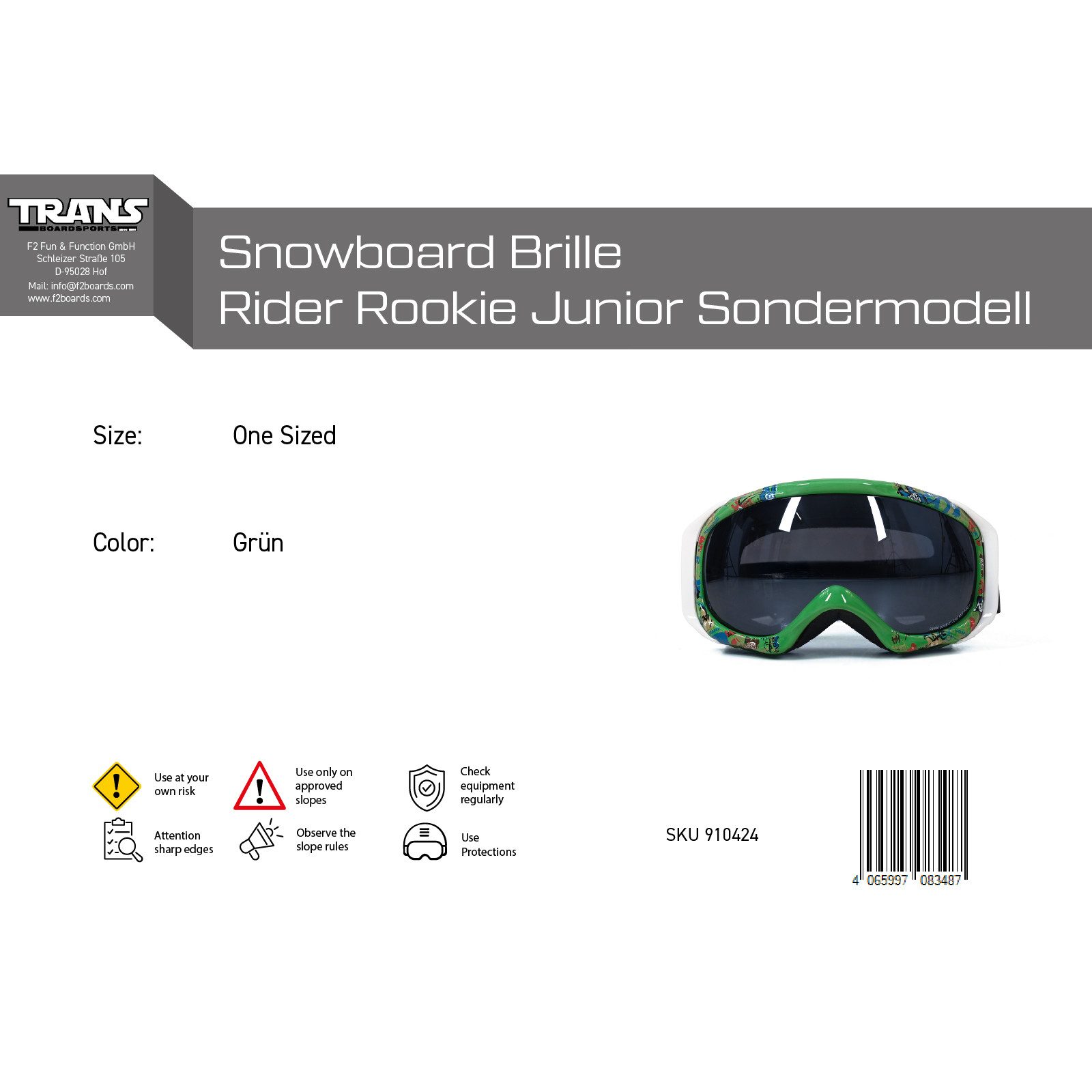 F2 Snowboardbrille Trans Snowboard Brille Rider Rookie Junior Sondermodell One Size Grün
