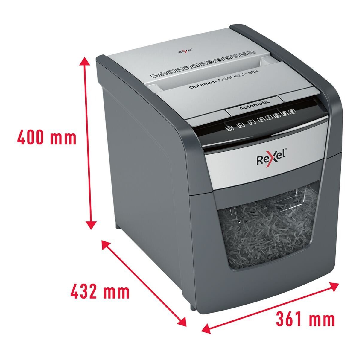 REXEL Aktenvernichter Optimum AutoFeed+ 50X, Partikelschnitt 4x28 mm, Autofeed / Einzelblatt-Einzug, 20 Liter