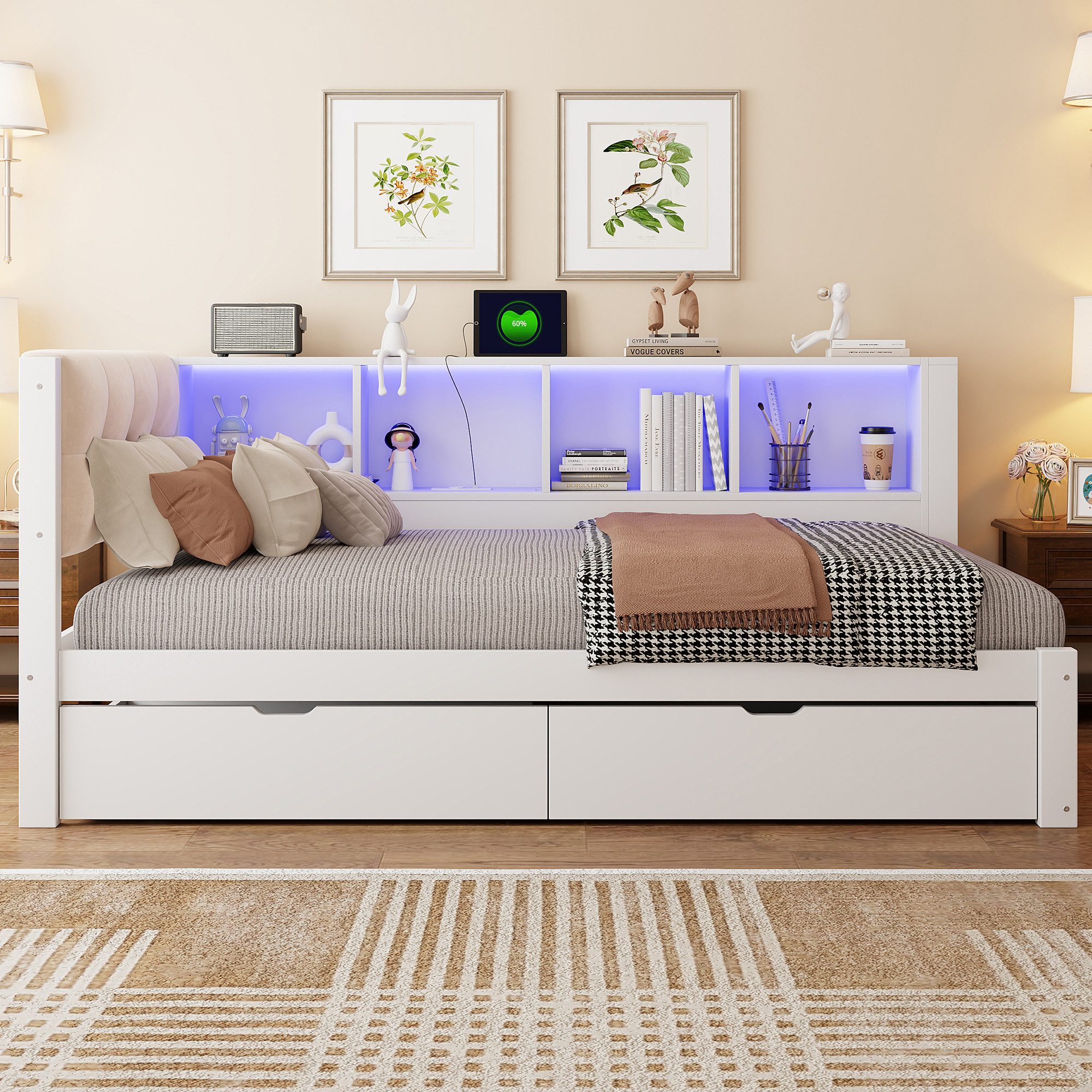 Merax Daybett mit LED-Beleuchtung & USB Anschluss (Jugendbett Schlafsofa Sofabett Kinderbett mit gepolstertem Kopfteil, 1 tlg), Kiefernholz Tagesbett 90x200 cm mit Schubladen, Regal & Stauraum