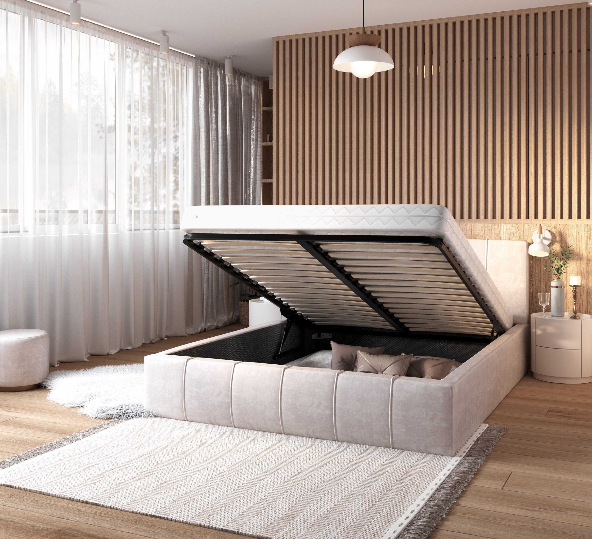 thematys Polsterbett mit Bettkasten & Lattenrost + viel Stauraum 120x200–180x200cm - Samt (Optional mit 28 cm H3/H4 Taschenfederkern oder 23 cm Taschenfederkern – Bild 4 von 5