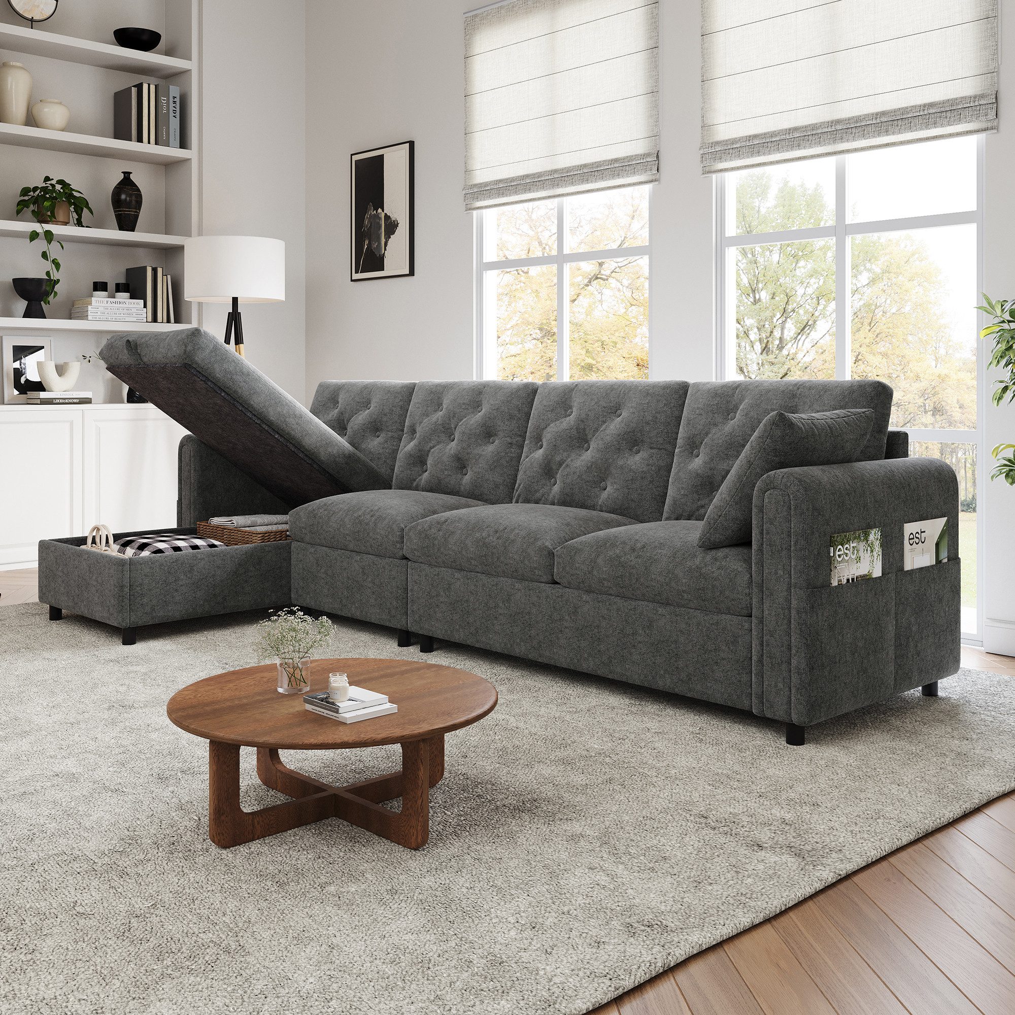 Flieks Ecksofa links und rechts austauschbar, 4-Sitzer, Samtbezug, L-förmiger Sofa mit Schlaffunktion, Bettkasten, Zierkissen und Taschen