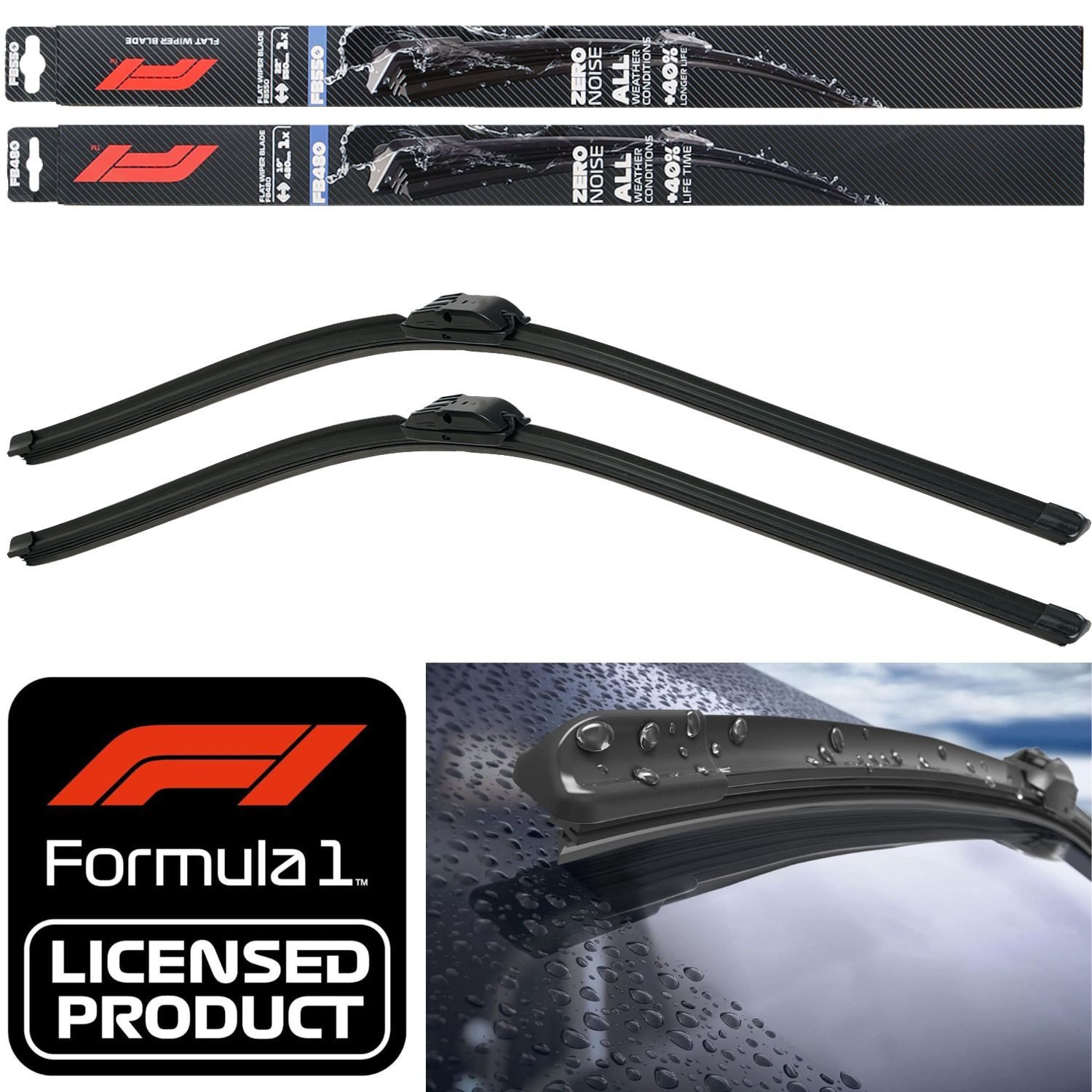 Formula 1 Scheibenwischblätter Set F1 Wischerblatt 550mm + 480mm Scheibenwischer, vorne, (Packung, 2-St), Set Flachbalkenwischer Spoiler Multi Adapter-System Fahrer Beifahrer