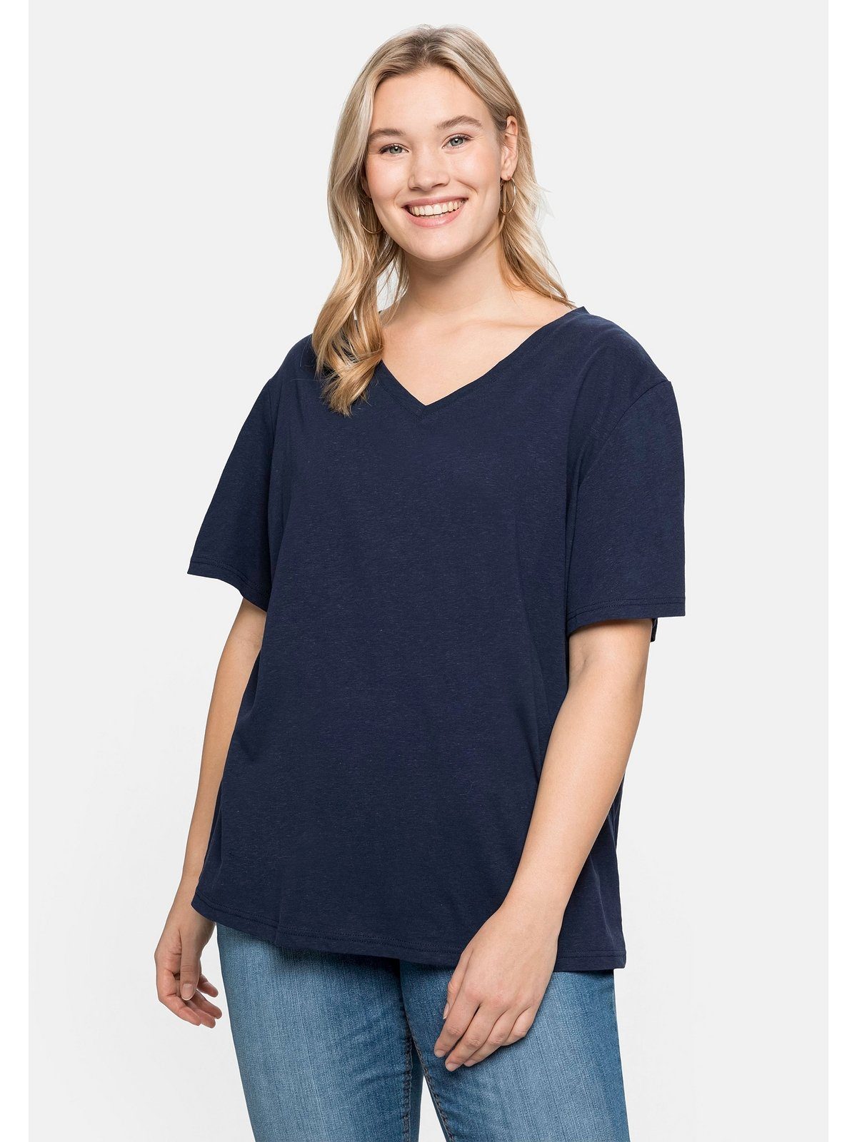 Leinen-Viskose-Mix Große Sheego edlem Größen T-Shirt marine aus