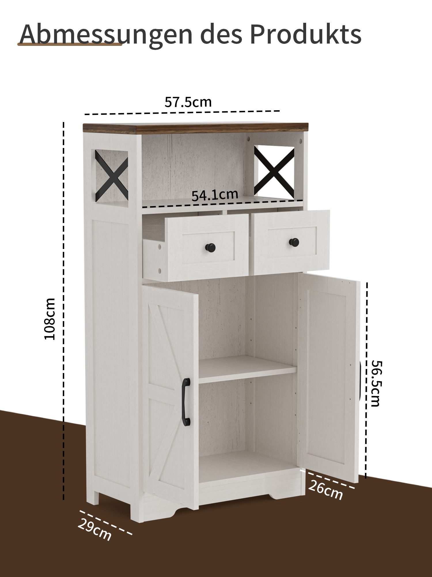 FiveWillowise Sideboard mit 2 Schubladen und Offenem Regal, Aufbewahrungsschrank (1 St), Küchenschrank Anrichte Kaffeebar, 57,5x29x108cm