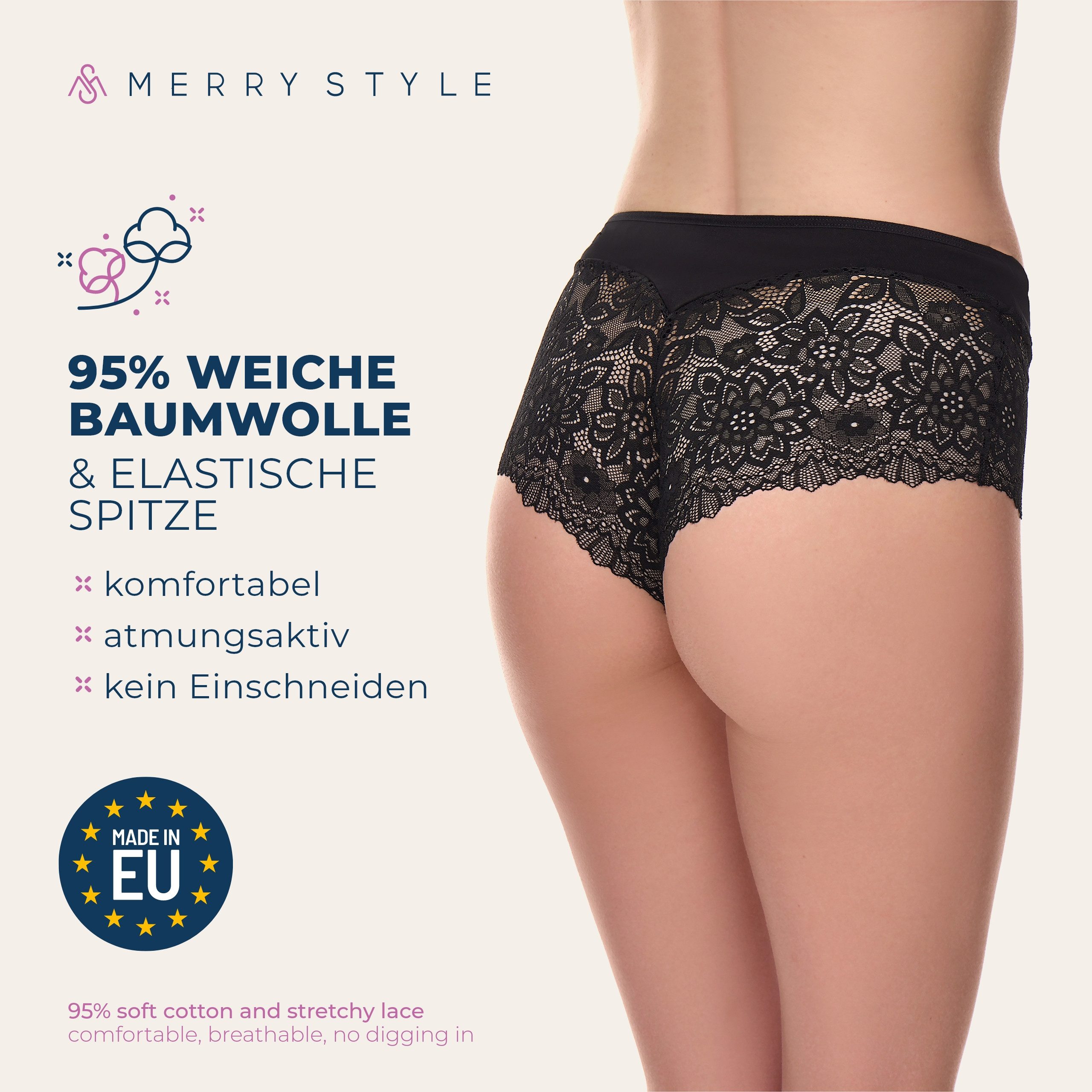 Merry Style Lange Unterhose Damen Unterhose Hipster Hot Pants mit Spitzenbesatz MSGAB155 (1-St)