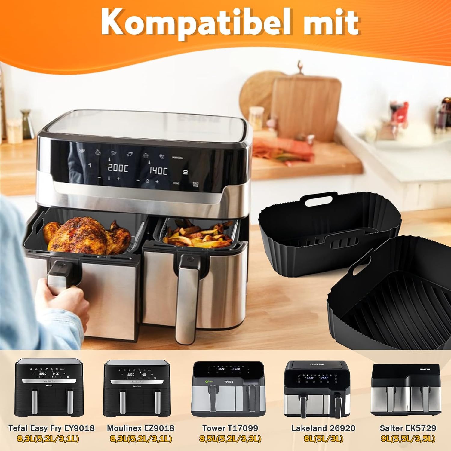 SURFOU Backform Heißluftfritteuse Zubehör 28-tlg set für Tefal Dual Easy Fry EY9018, (28-tlg Heißluftfritteuse Zubehör Set für Tefal EY9018 & weitere Dual-Airfryer, Tower T17099, Salter EK5729 – ideal für 3,1L + 5,2L Air Fryer. 28-tlg), Isolate oil stains, Schnell zubereitet, gesund, fettarm