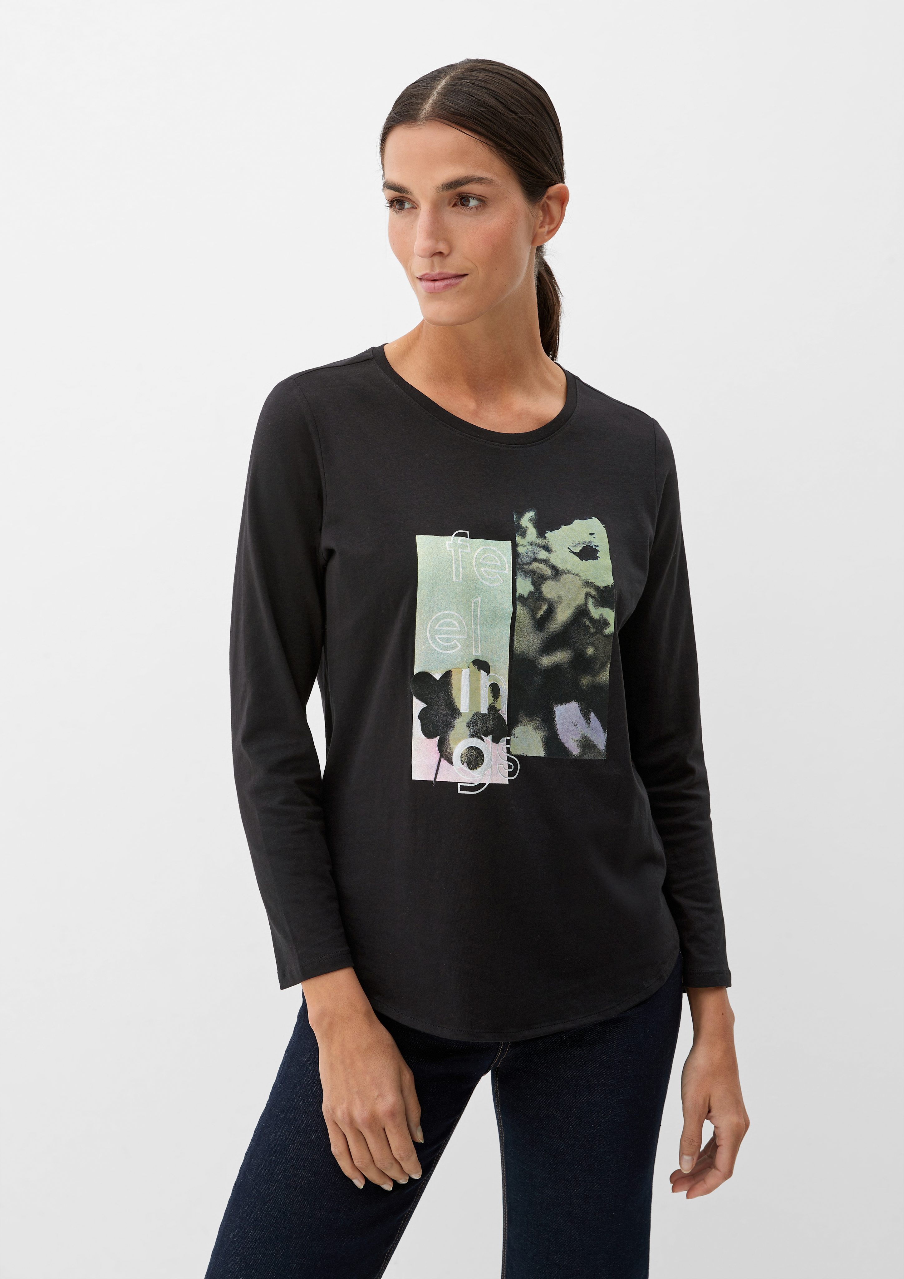 s.Oliver Langarmshirt Baumwoll-Shirt mit Effektprint schwarz | Shirts