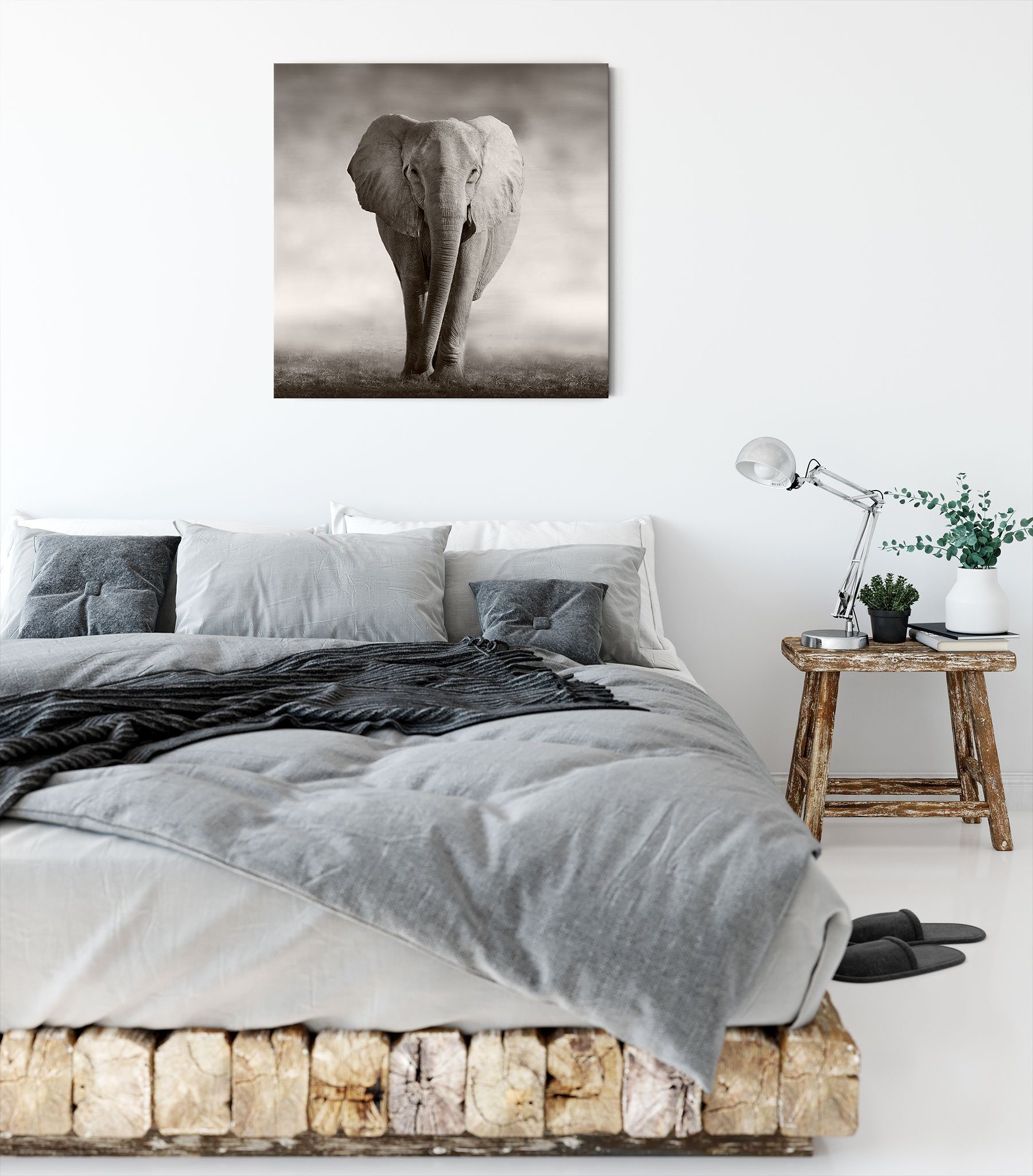 Einsamer Pixxprint bespannt, fertig Elefant Leinwandbild Elefant, Zackenaufhänger Leinwandbild (1 Einsamer St), inkl.