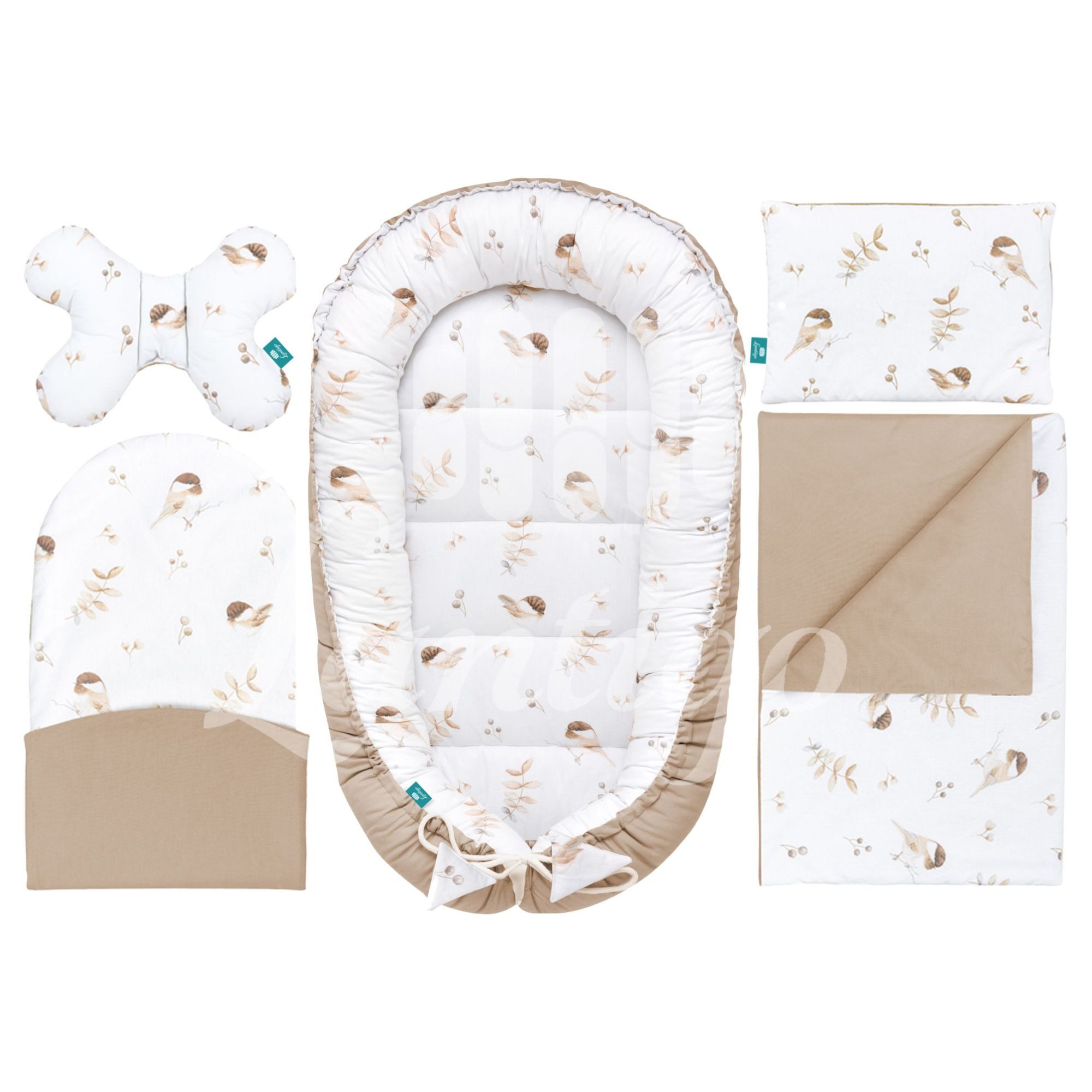 Lantigo Bettnestchen Babynestchen, Babynest Set 5 in 1 OEKO-TEX 100% Baumwolle Lovely Bird Cappucino
