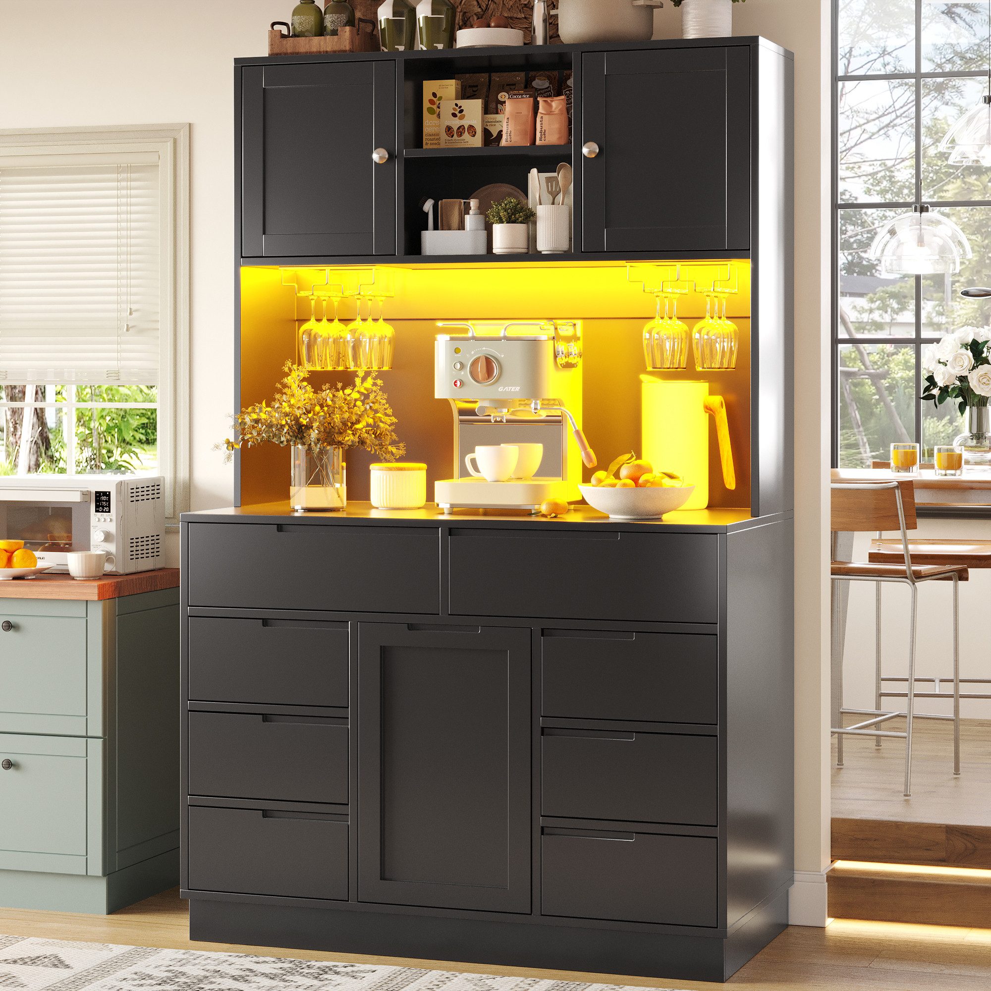 Flieks Küchenbuffet mit LED-Beleuchtung, Gläserhalter, 8 Schubladen und 3 Türen (1-St., B120/T40/H183,5 cm) Hochschrank Küchenschrank Geschirrschrank mit verstellbaren Ablagen